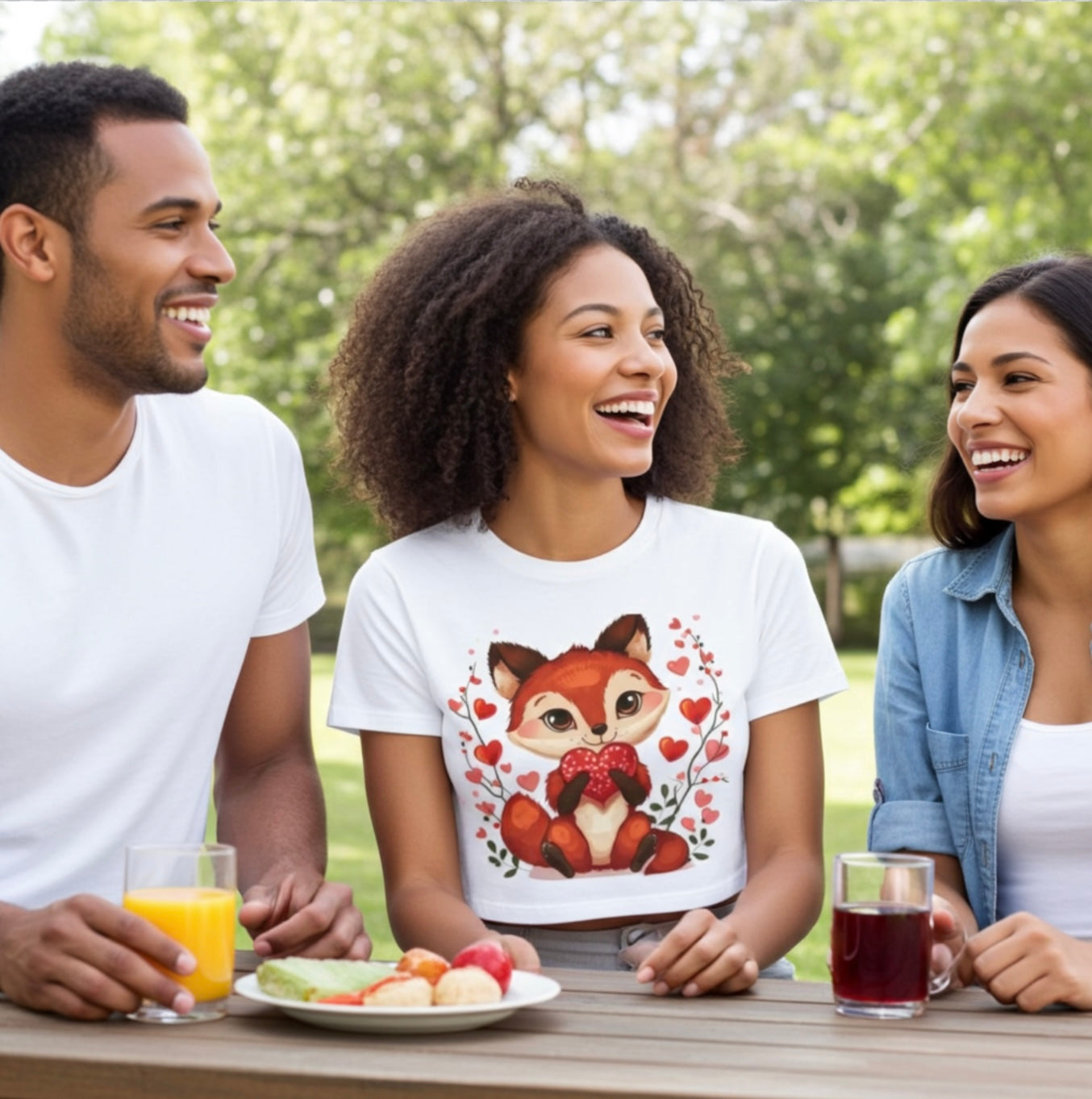 Cute Fox Heart Crop Top – White Cotton Graphic Tee