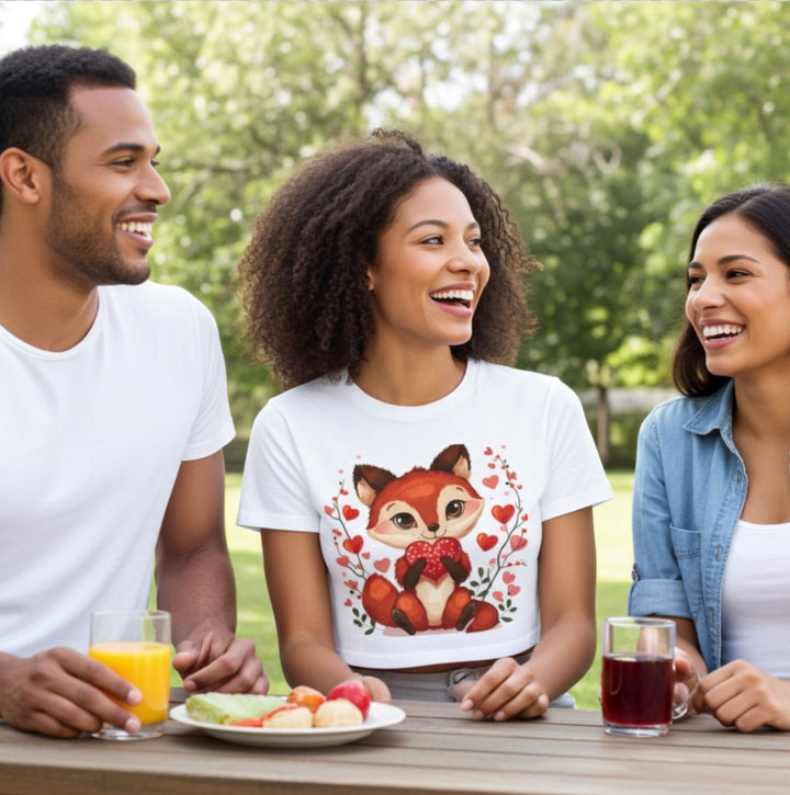 Cute Fox Heart Crop Top – White Cotton Graphic Tee