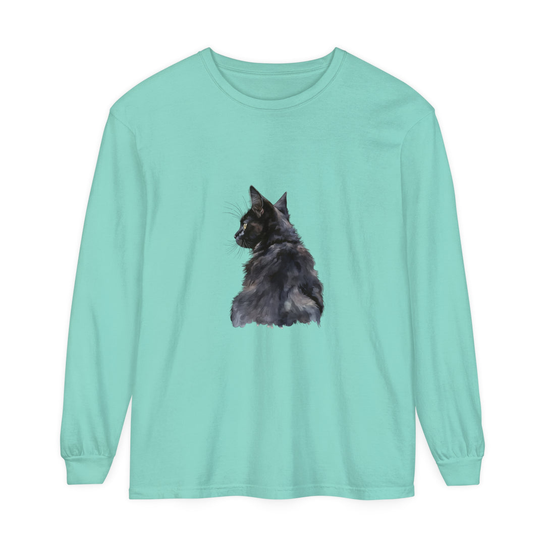 Beautiful black cat design watercolor printed on a comfortable long sleeve t-shirt