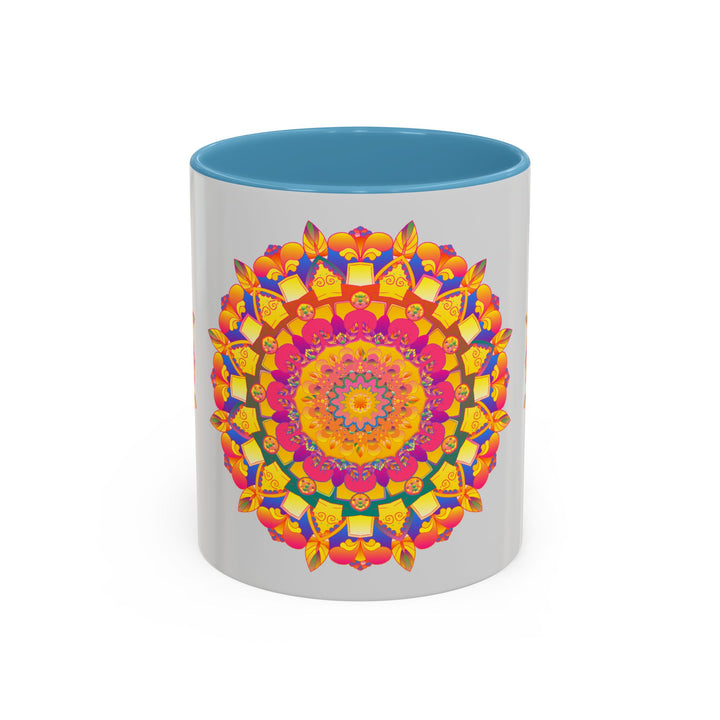 A close-up image of a mandala art mug with vibrant colors on a grey background, showcasing intricate and detailed designs