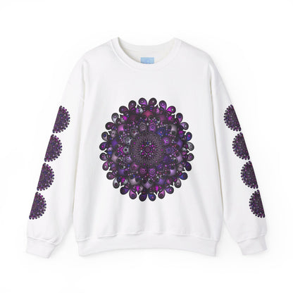 Unisex Heavy Blend™ Crewneck Sweatshirt featuring a vibrant purple mandala design on the front