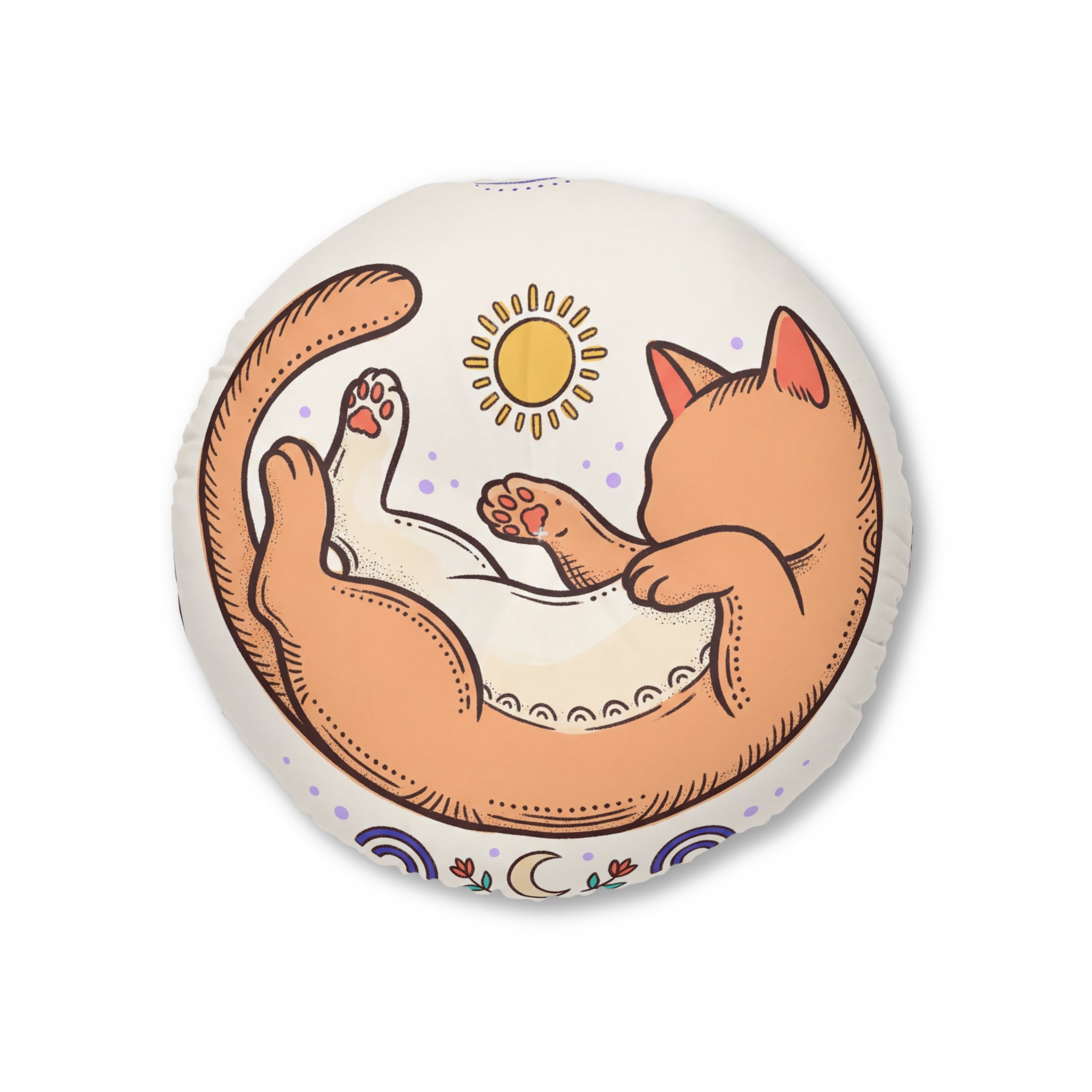 Curled Cat Boho Round Floor Pillow