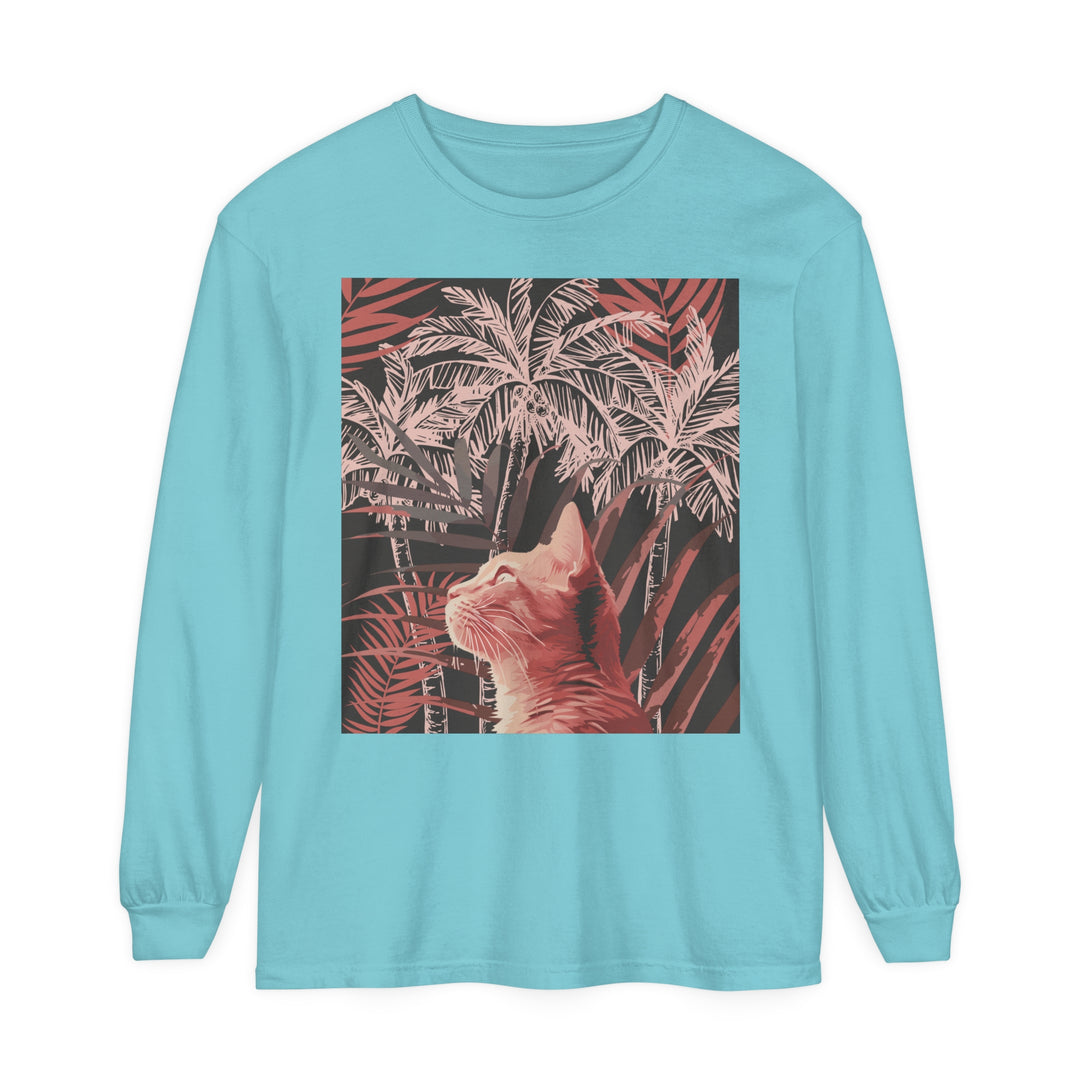 Adorable ginger cat lounging under a palm tree on a t-shirt