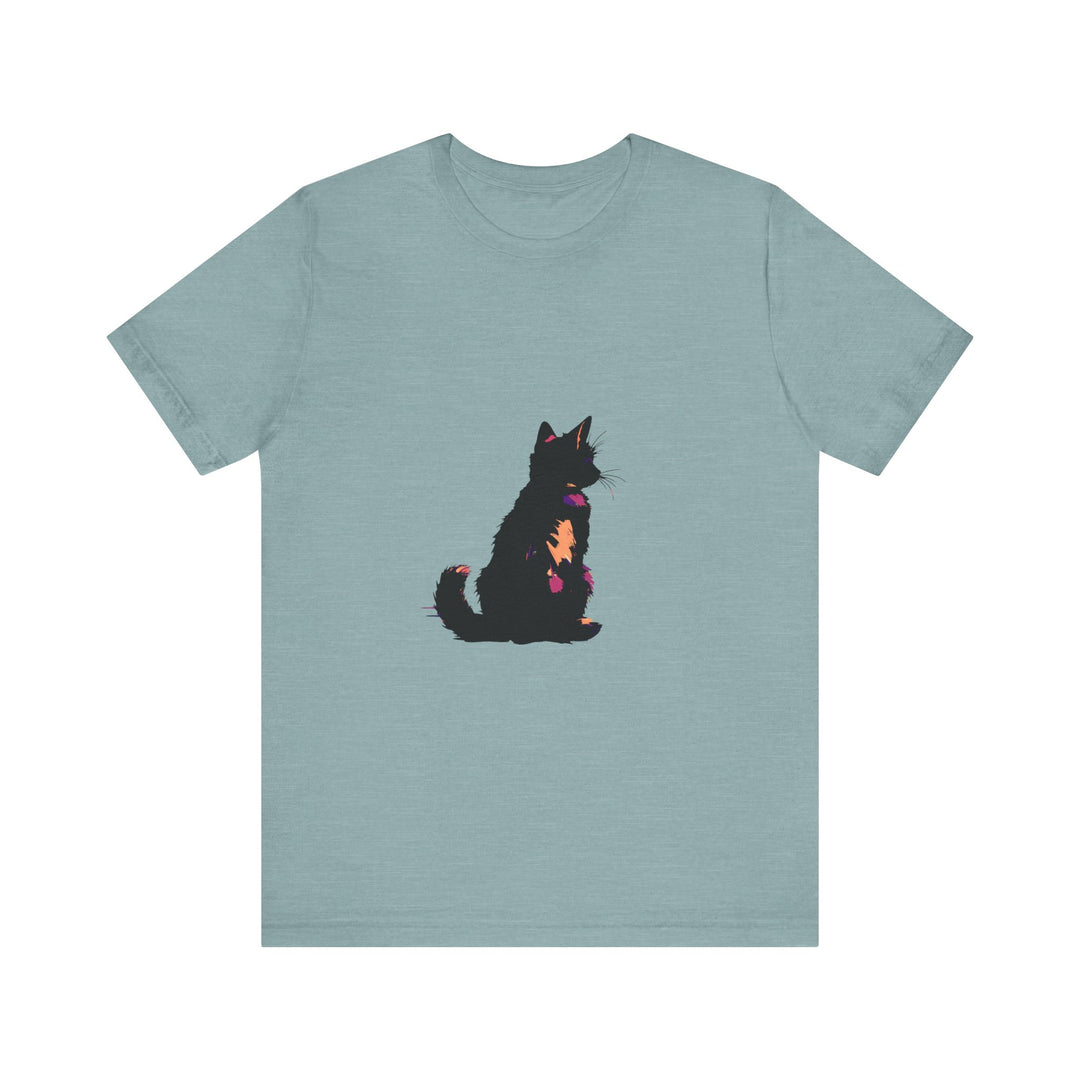 Black Cat Mystery Abstract T-Shirt featuring a striking and enigmatic feline design on a black background, perfect for adding a touch of intrigue to your wardrobe