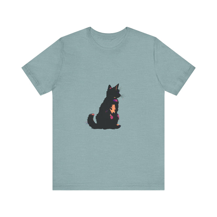 Black Cat Mystery Abstract T-Shirt featuring a striking and enigmatic feline design on a black background, perfect for adding a touch of intrigue to your wardrobe