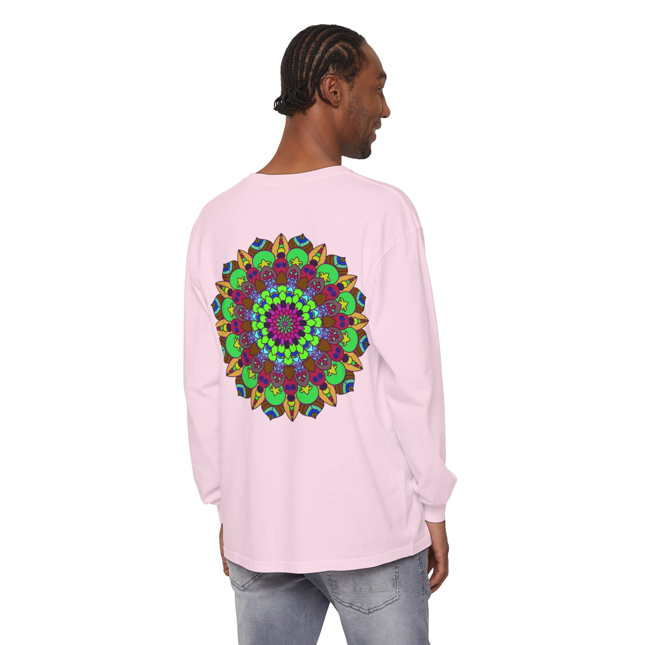 Vibrant, multicolored mandala design on a comfortable unisex long sleeve T-shirt