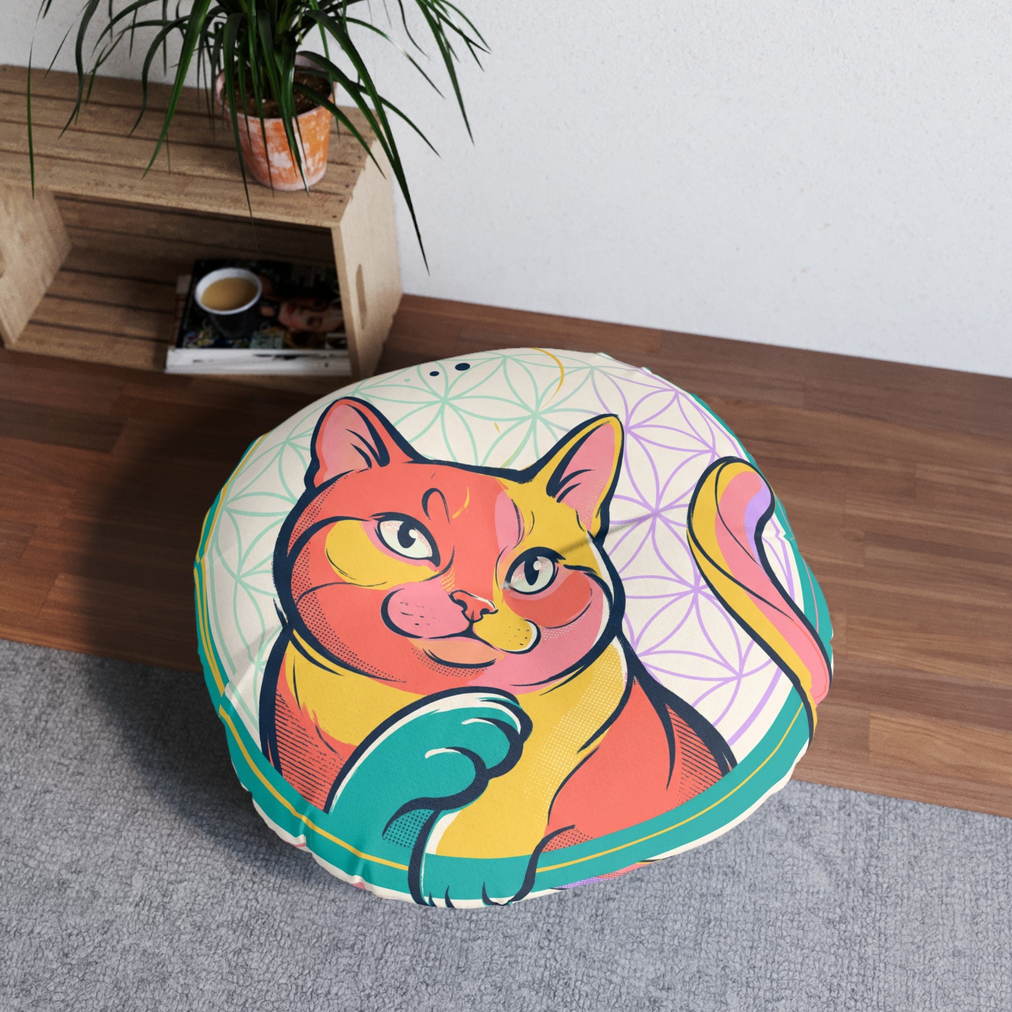 Cuscino da pavimento rotondo con gatto della geometria sacra