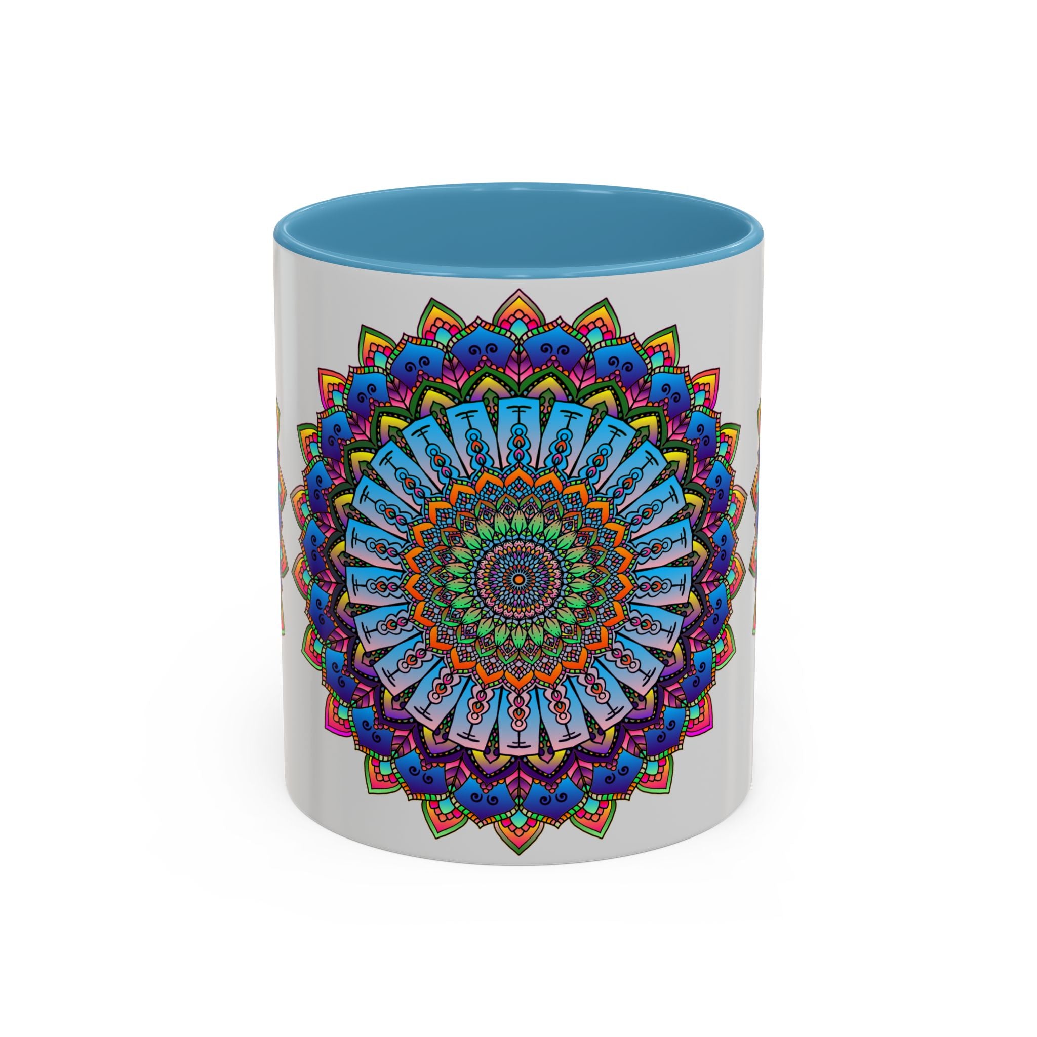  Eye-catching mandala design with vibrant colors on a grey mug 