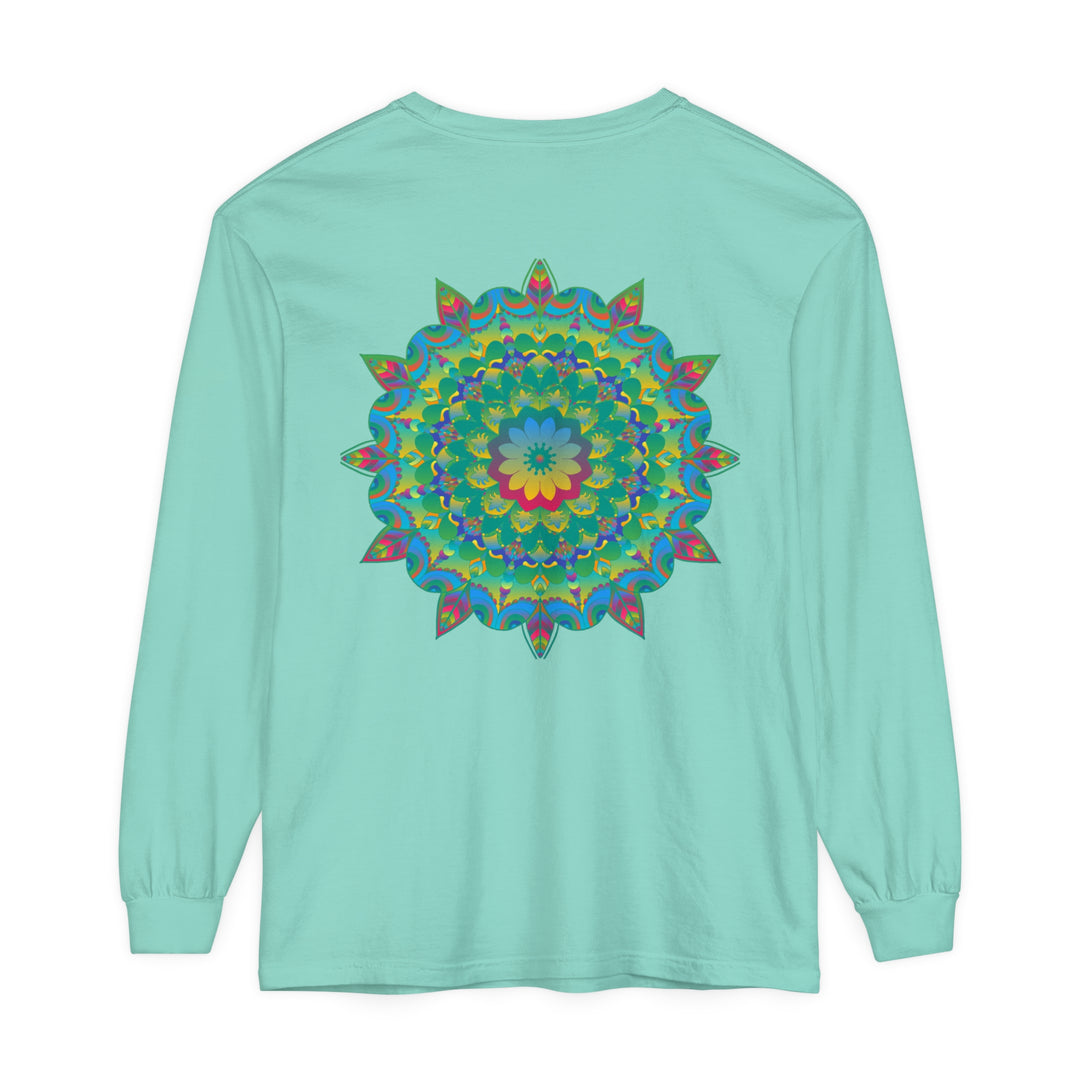 Colorful and intricate psychedelic mandala design on a long sleeve t-shirt