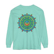 Colorful and intricate psychedelic mandala design on a long sleeve t-shirt