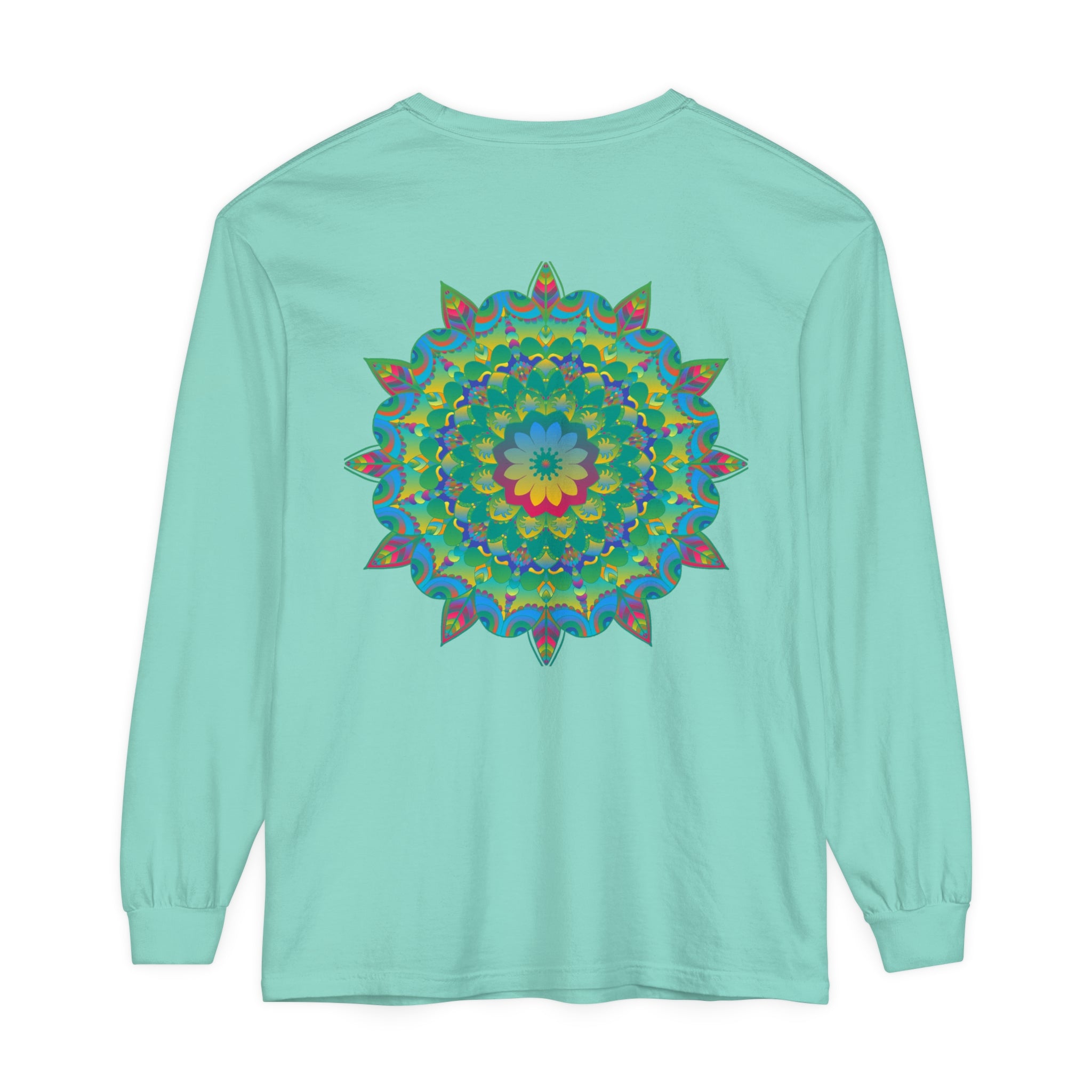 Colorful and intricate psychedelic mandala design on a long sleeve t-shirt