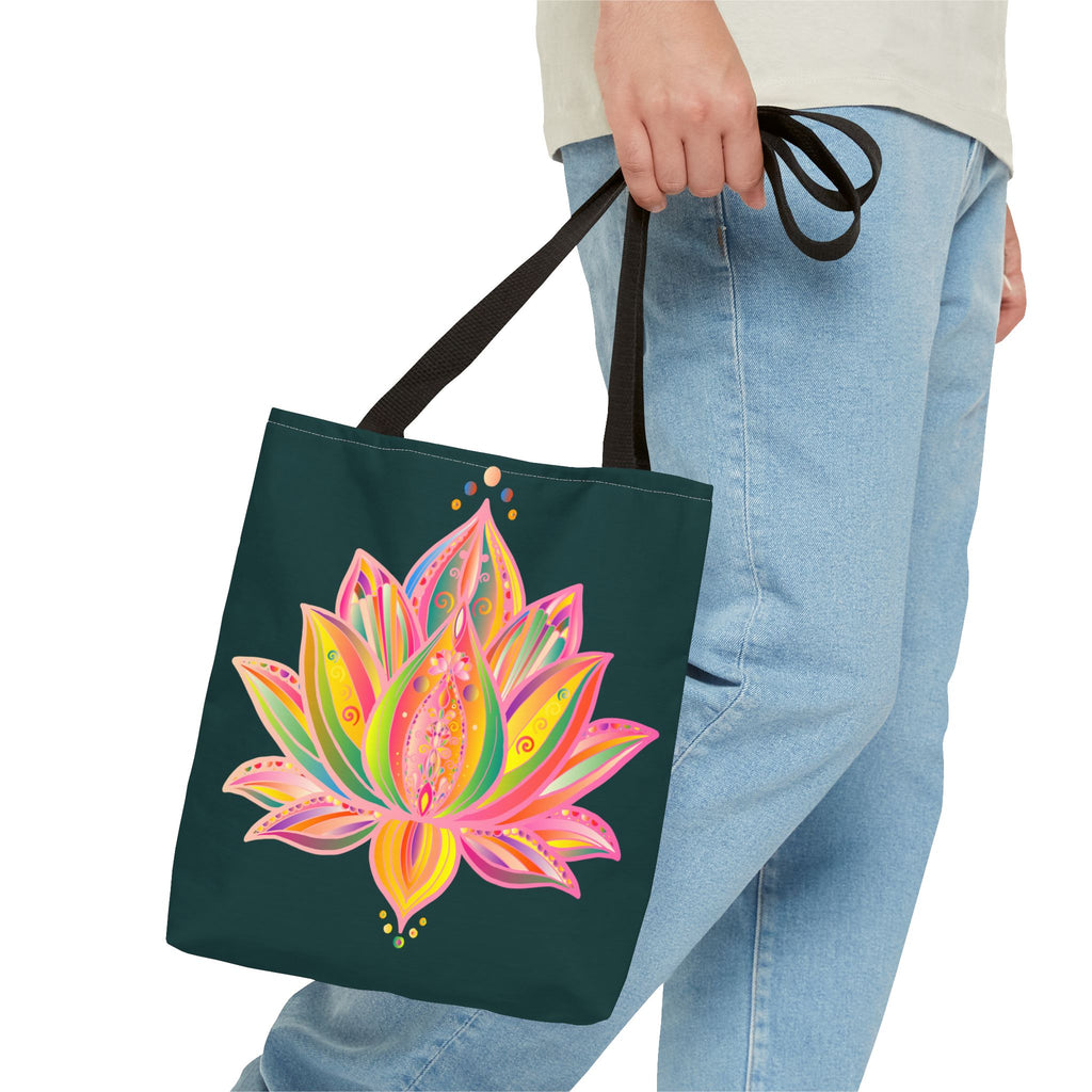 Colorful Mandala Lotus Tote Bag with vibrant floral design and spacious interior for carrying books, groceries, and everyday essentials