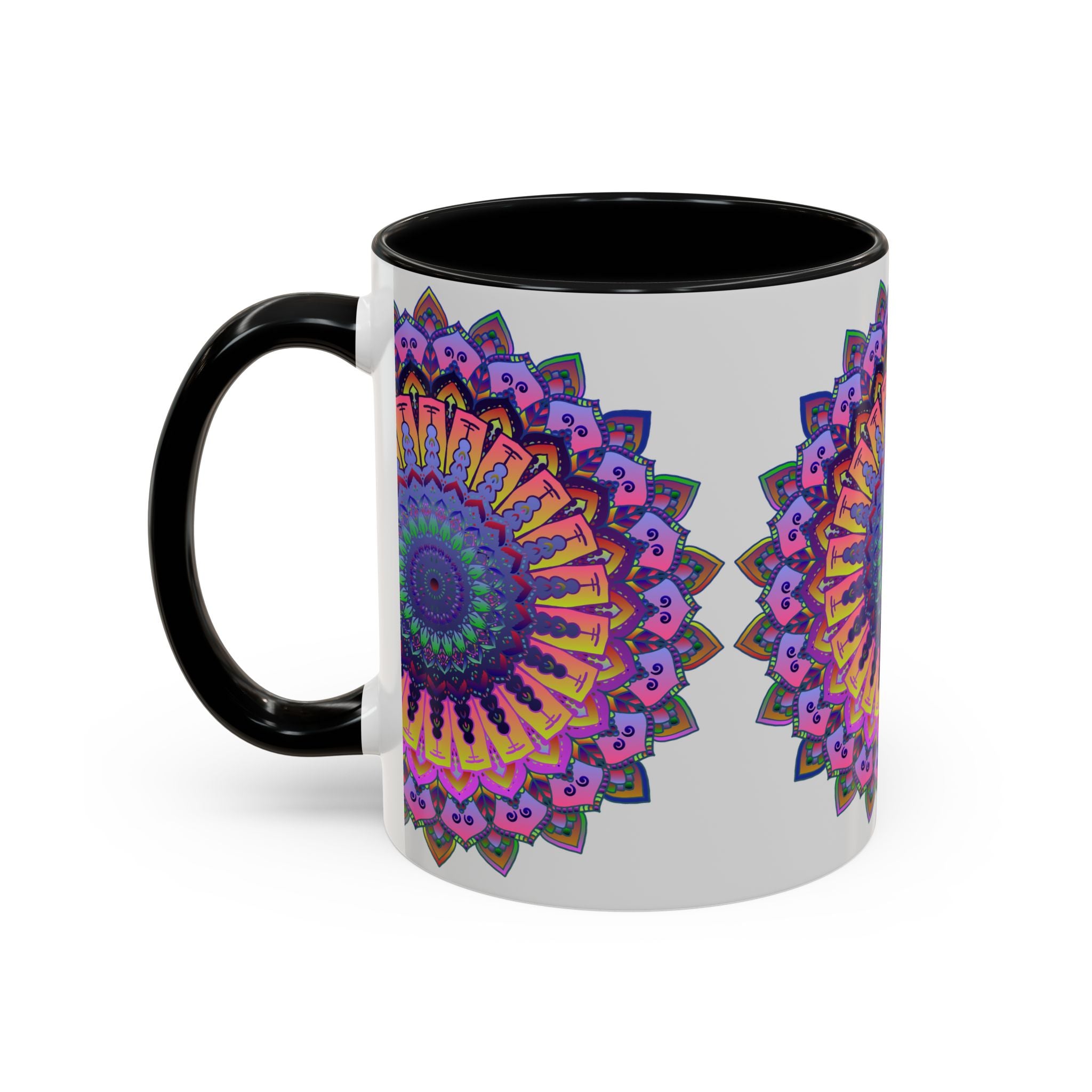 A beautifully crafted mandala art mug featuring vibrant colors on a grey background