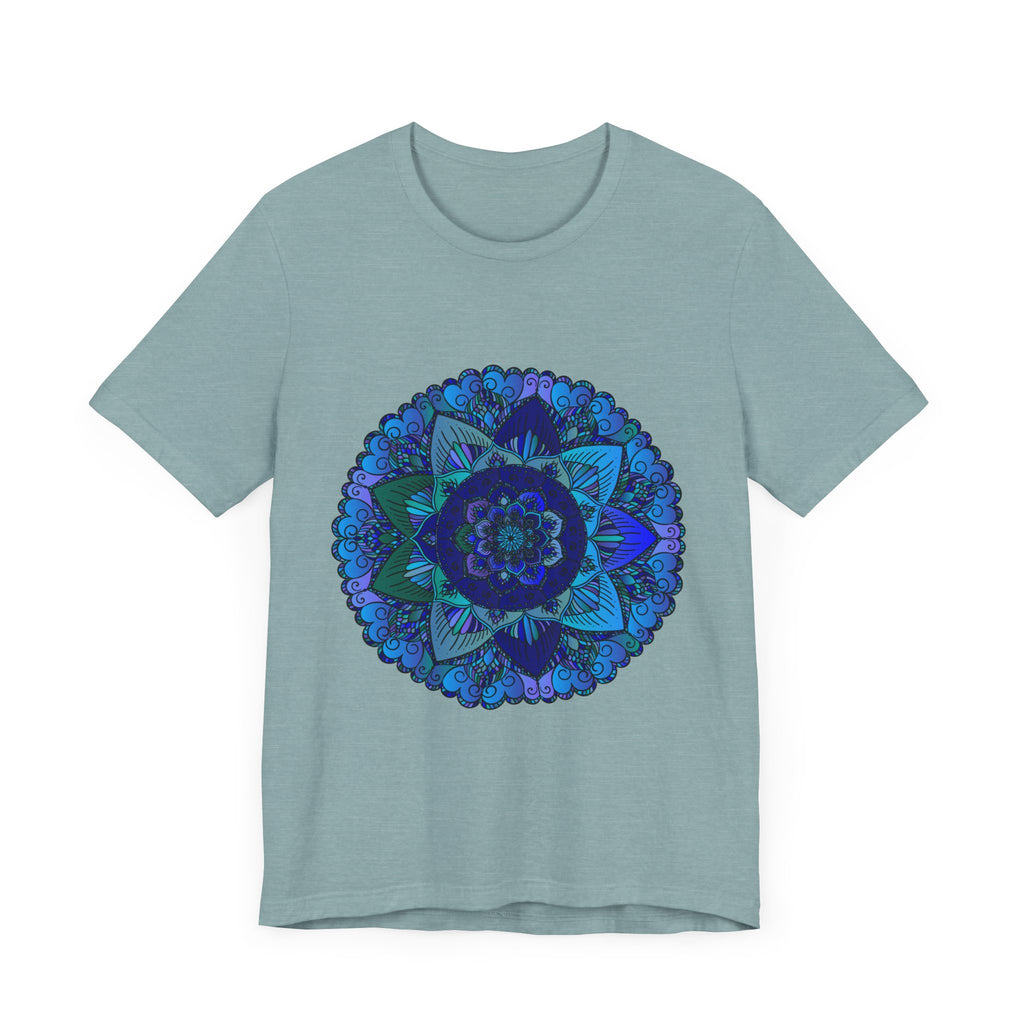 Dark blue and green mandala t-shirt featuring intricate spiritual art design
