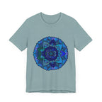 Dark blue and green mandala t-shirt featuring intricate spiritual art design