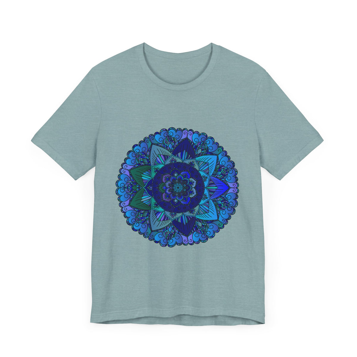 Dark blue and green mandala t-shirt featuring intricate spiritual art design