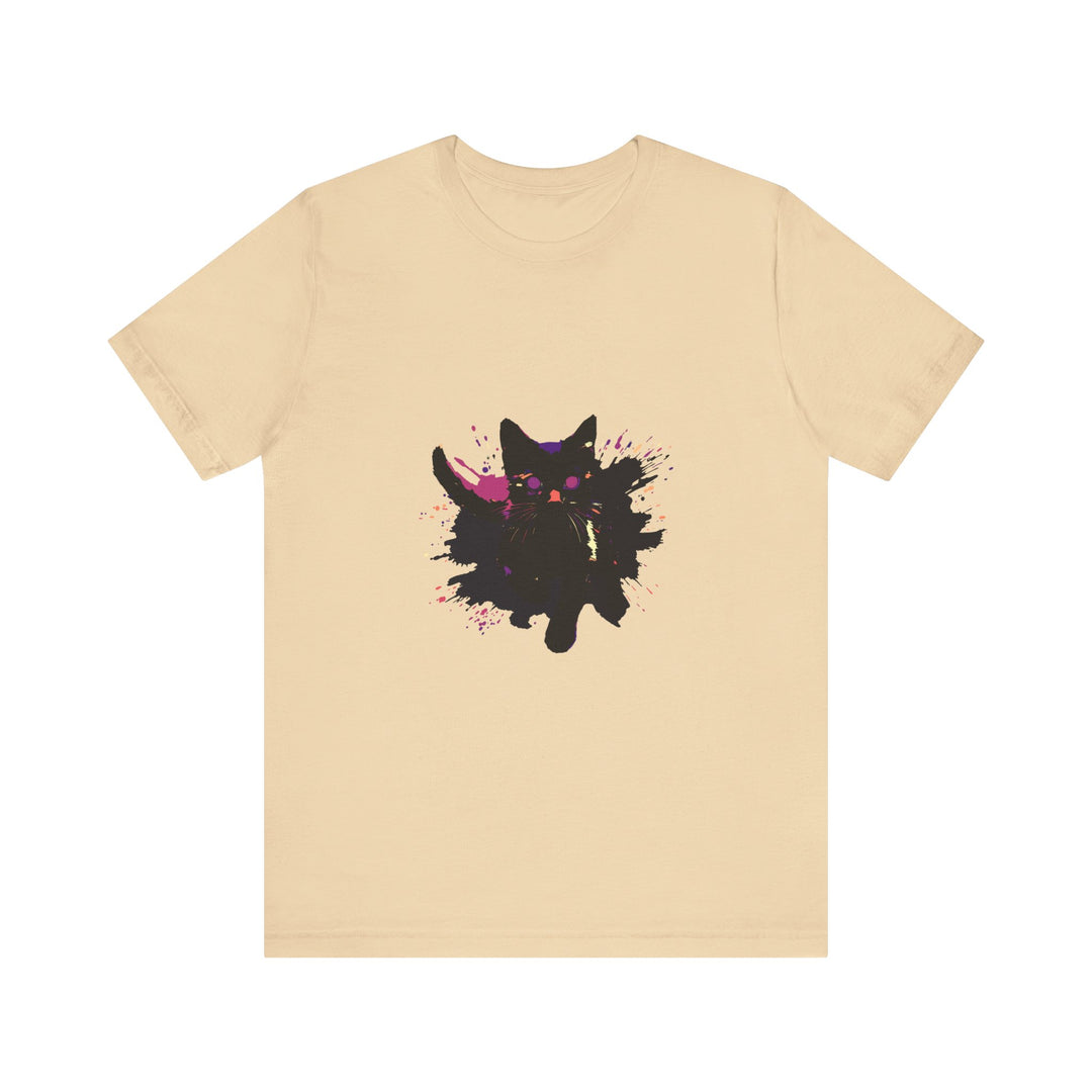 Black Cat Mystery T-Shirt featuring a bold and colorful design of a mysterious black cat surrounded by vibrant patterns and eye-catching details