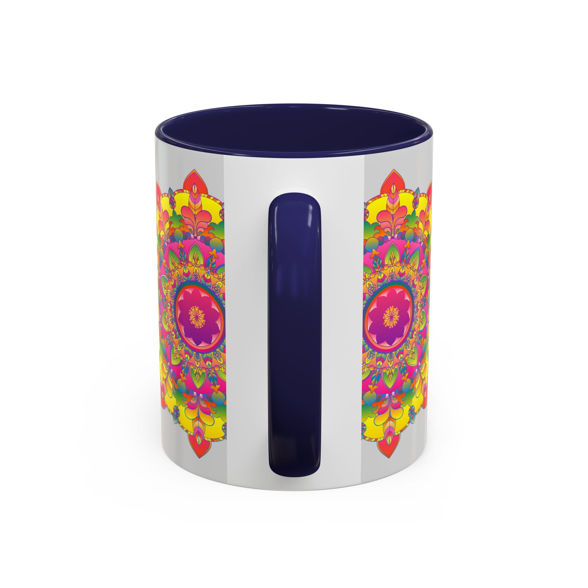 A stunning mandala design featuring vibrant colors on a grey mug