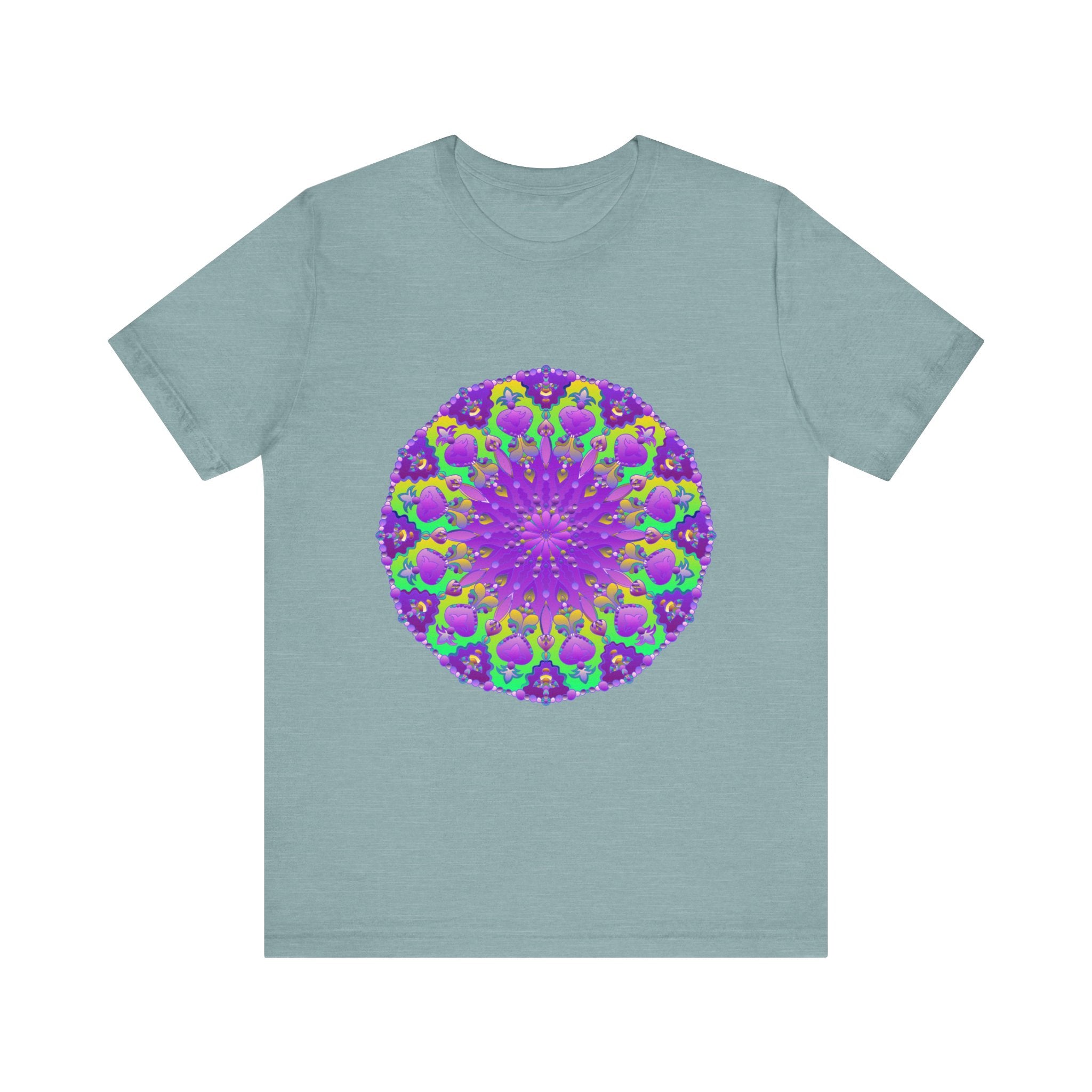 Beautiful purple and green mandala tee with intricate design and vibrant colors