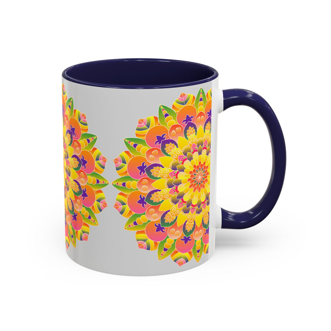 Close up of colorful mandala mug with bohemian art design and intricate details