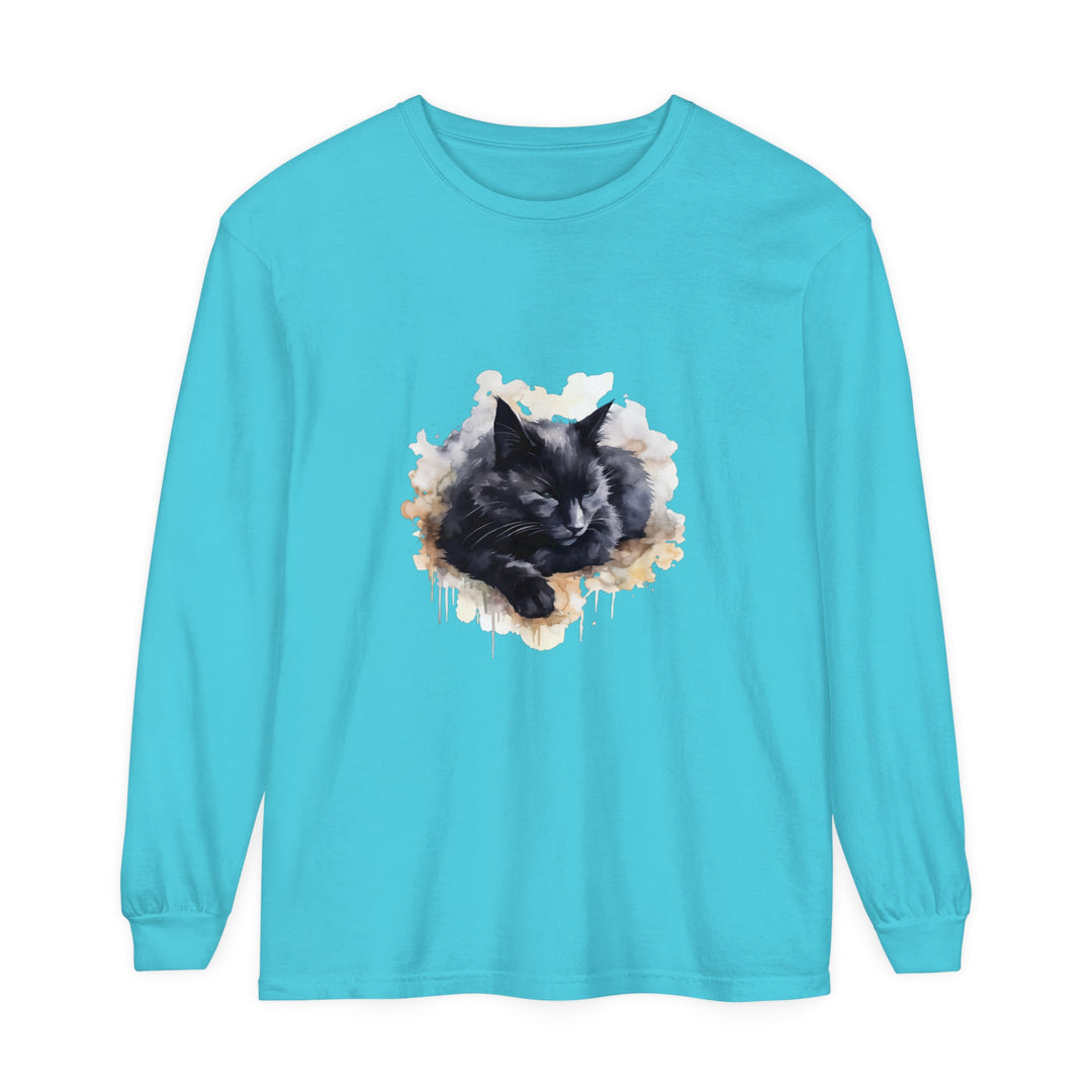 A stunning watercolor illustration of a sleeping black cat adorning a comfortable and stylish T-shirt