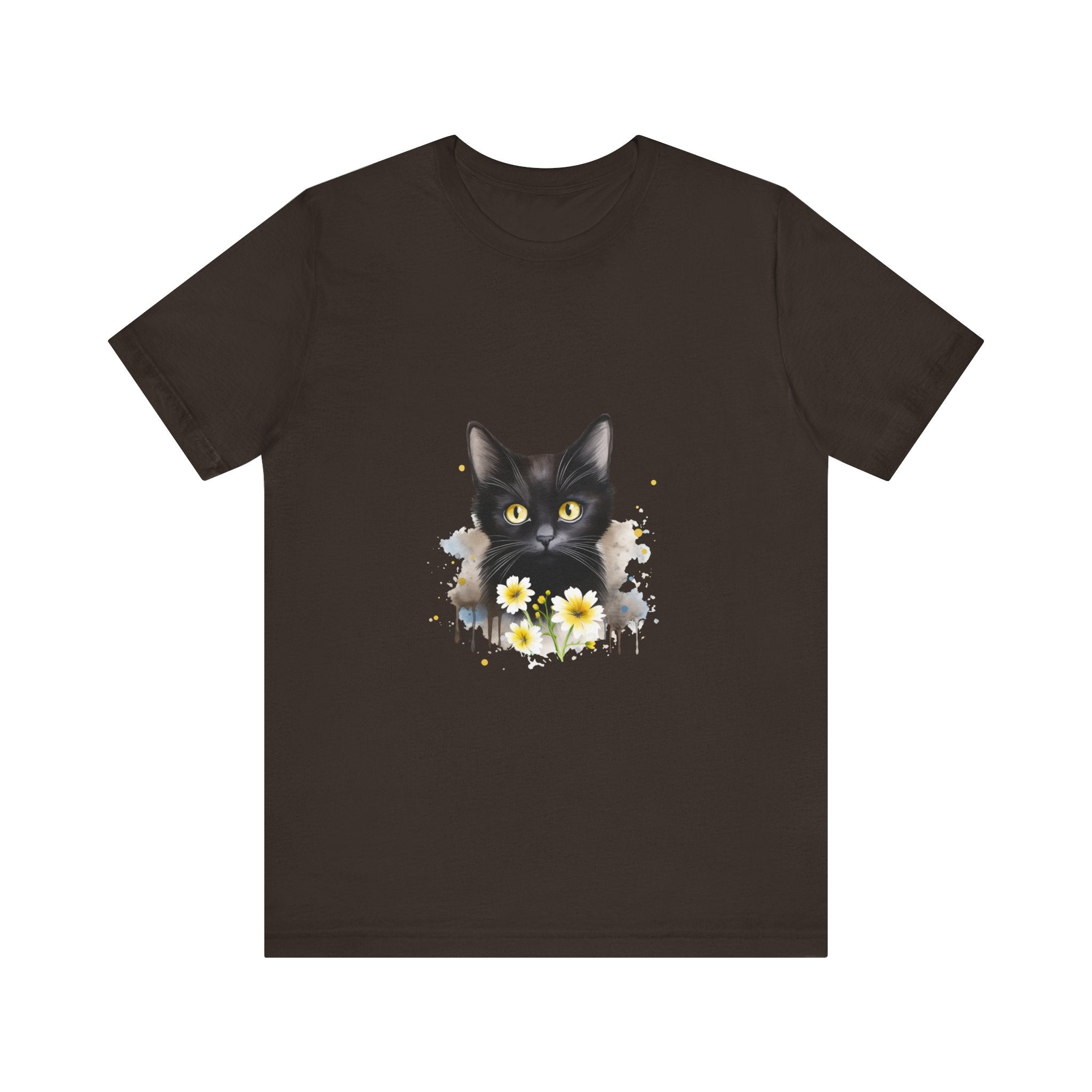 Black cat with piercing yellow eyes printed on a comfortable t-shirt