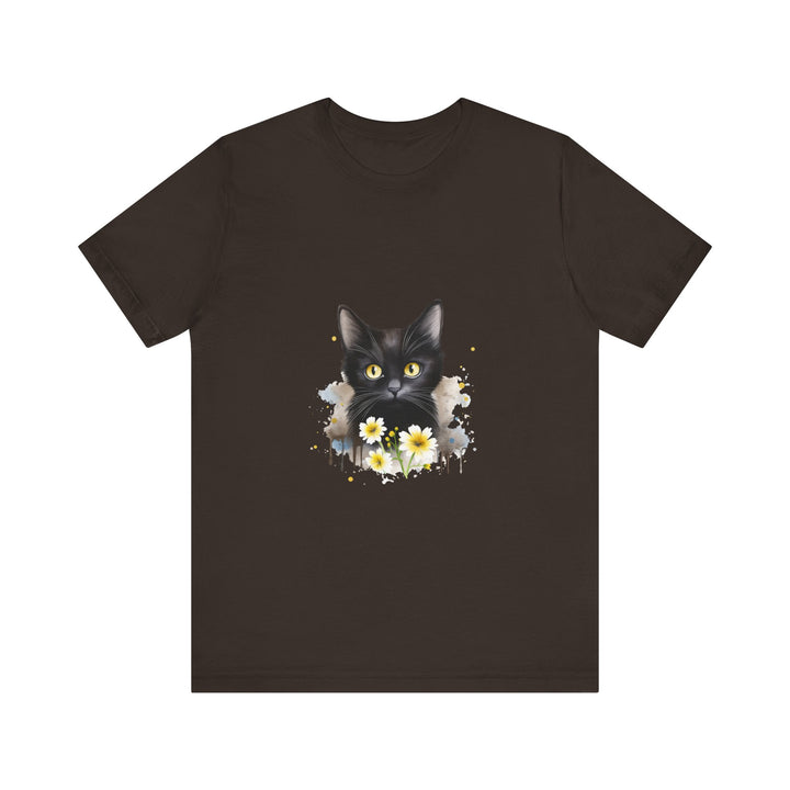 Black cat with piercing yellow eyes printed on a comfortable t-shirt