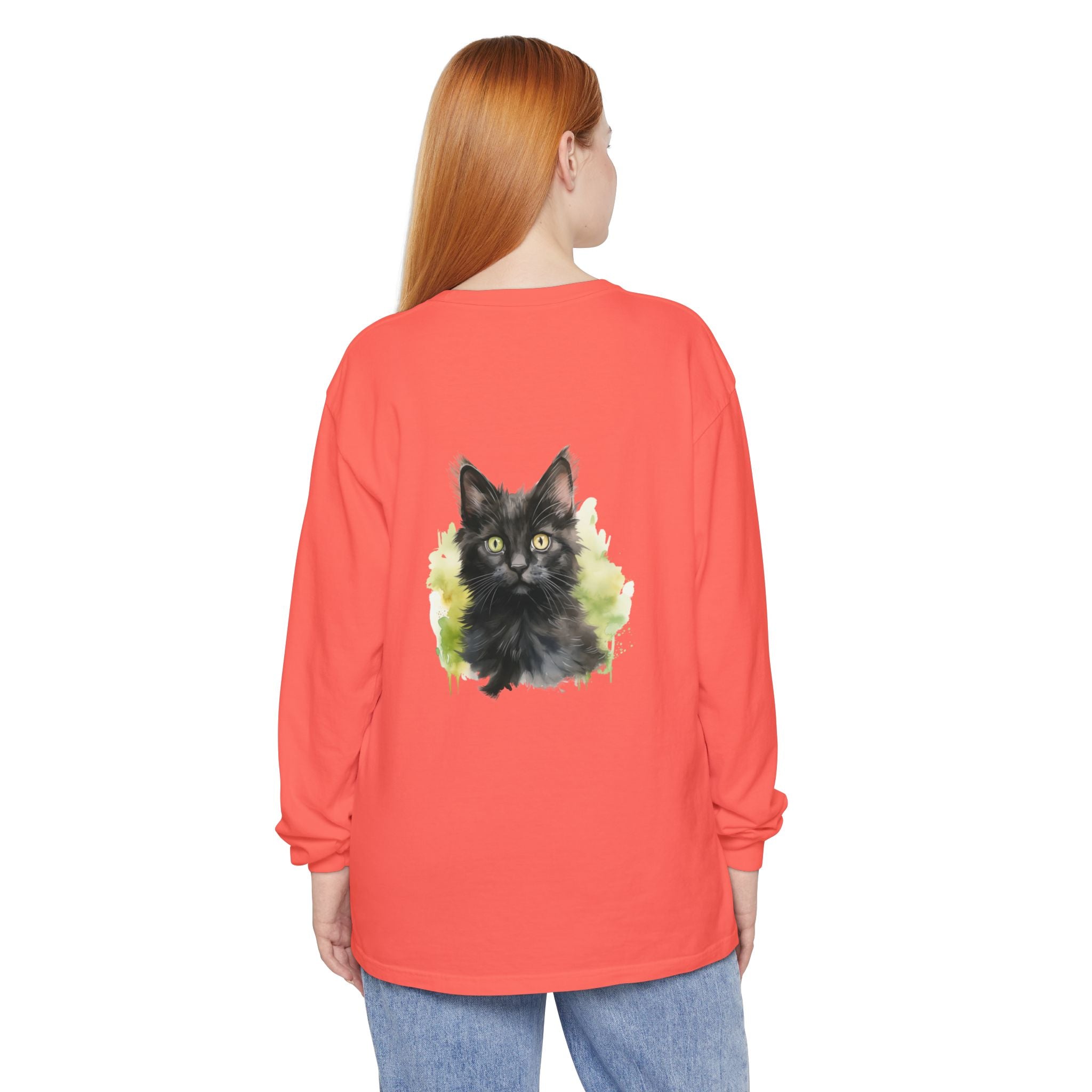 Maglietta a maniche lunghe con motivo acquerello gattino nero