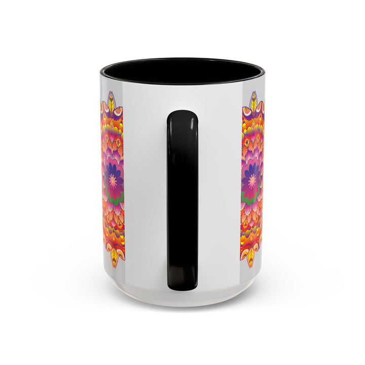 A vibrant and detailed mandala art mug with a colorful floral design