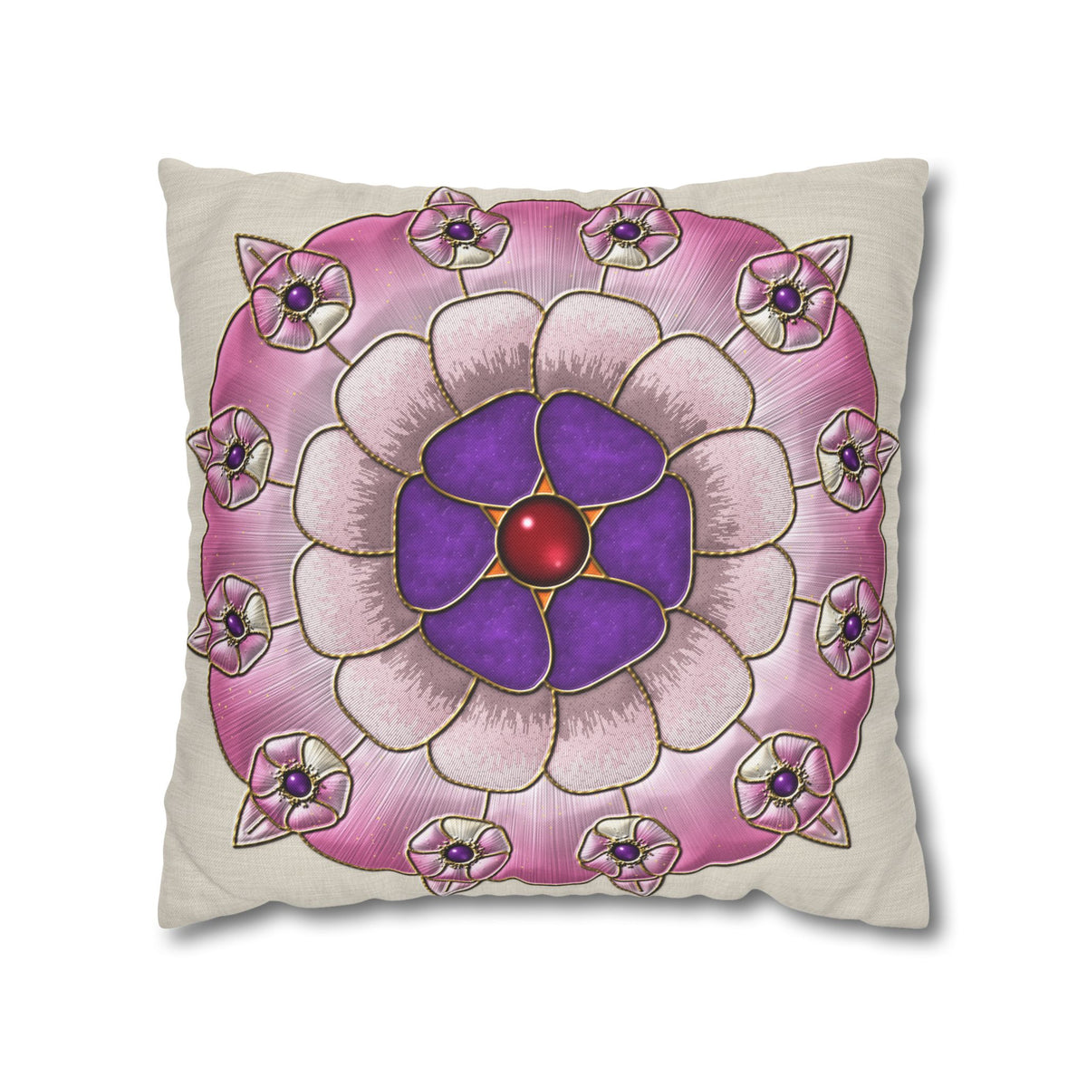 Federa quadrata con motivo a mandala floreale rosa e viola