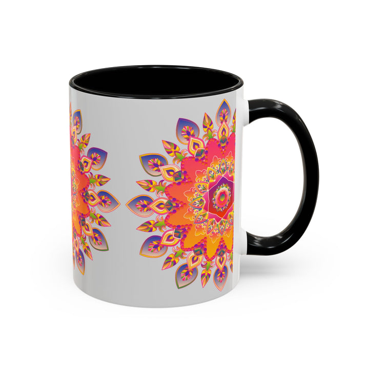 Vibrant mandala art mug with a beautiful array of colors against a sleek grey background, perfect for adding a pop of color to your morning routine