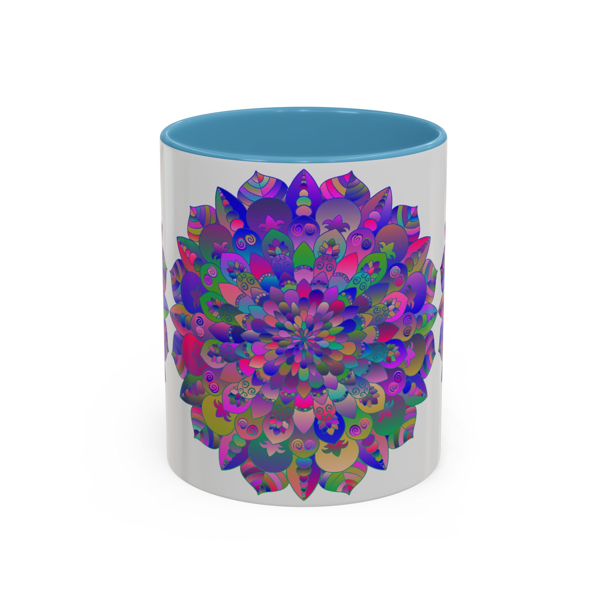 Beautiful ceramic mug featuring a vibrant and intricate psychedelic mandala design, perfect for spiritual and art enthusiasts