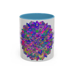 Beautiful ceramic mug featuring a vibrant and intricate psychedelic mandala design, perfect for spiritual and art enthusiasts
