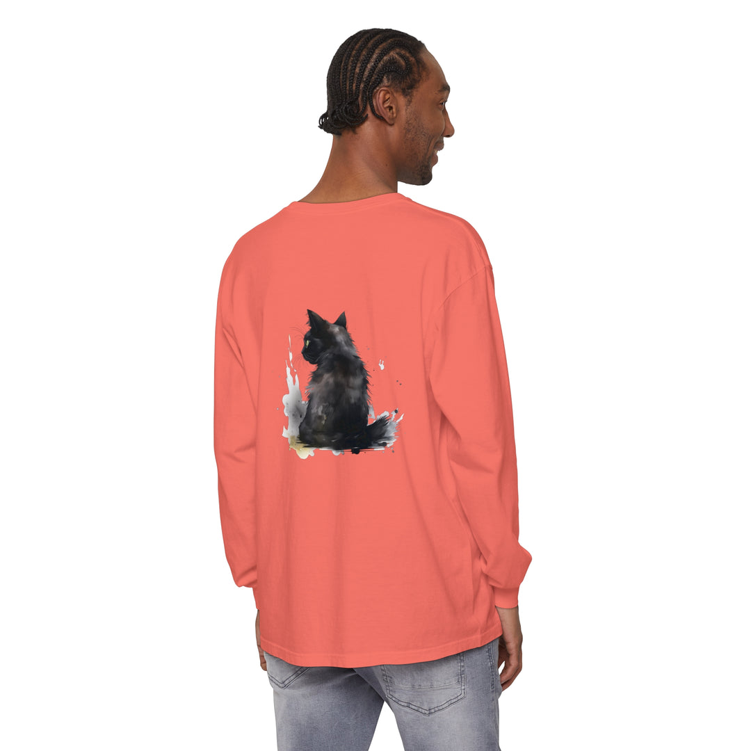 Black Cat Watercolor Dream Long Sleeve T-Shirt featuring a striking watercolor design of a black cat against a dreamy backdrop