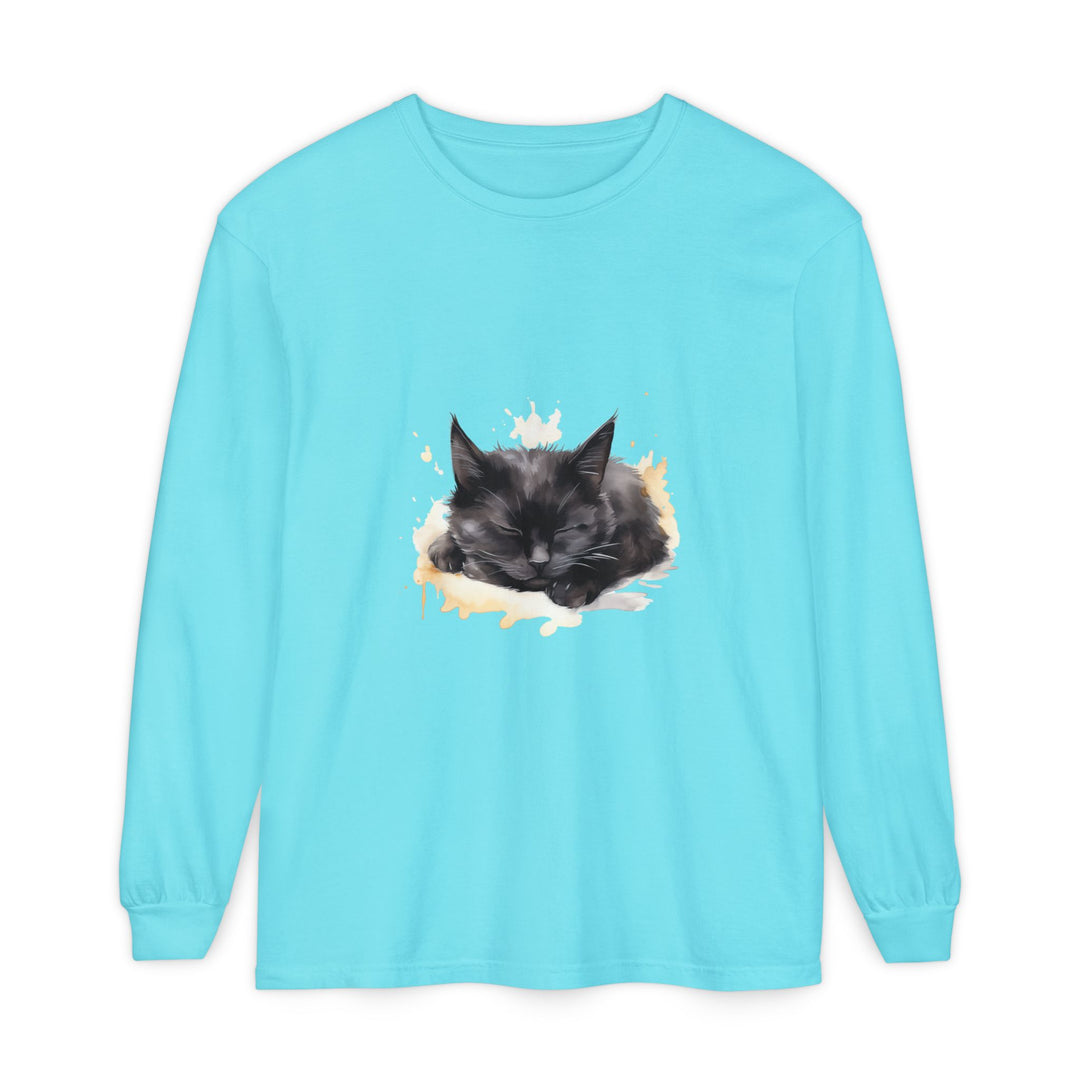 Langarm-T-Shirt mit Aquarellmotiv „Schlafende Katze“