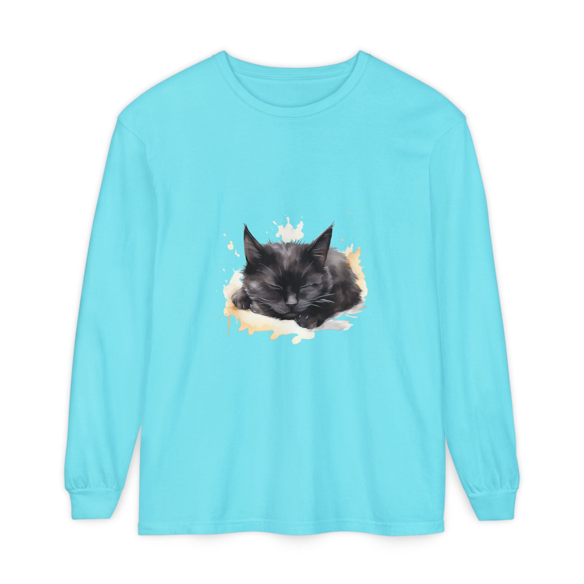Sleepy Cat Watercolor Long Sleeve T-Shirt