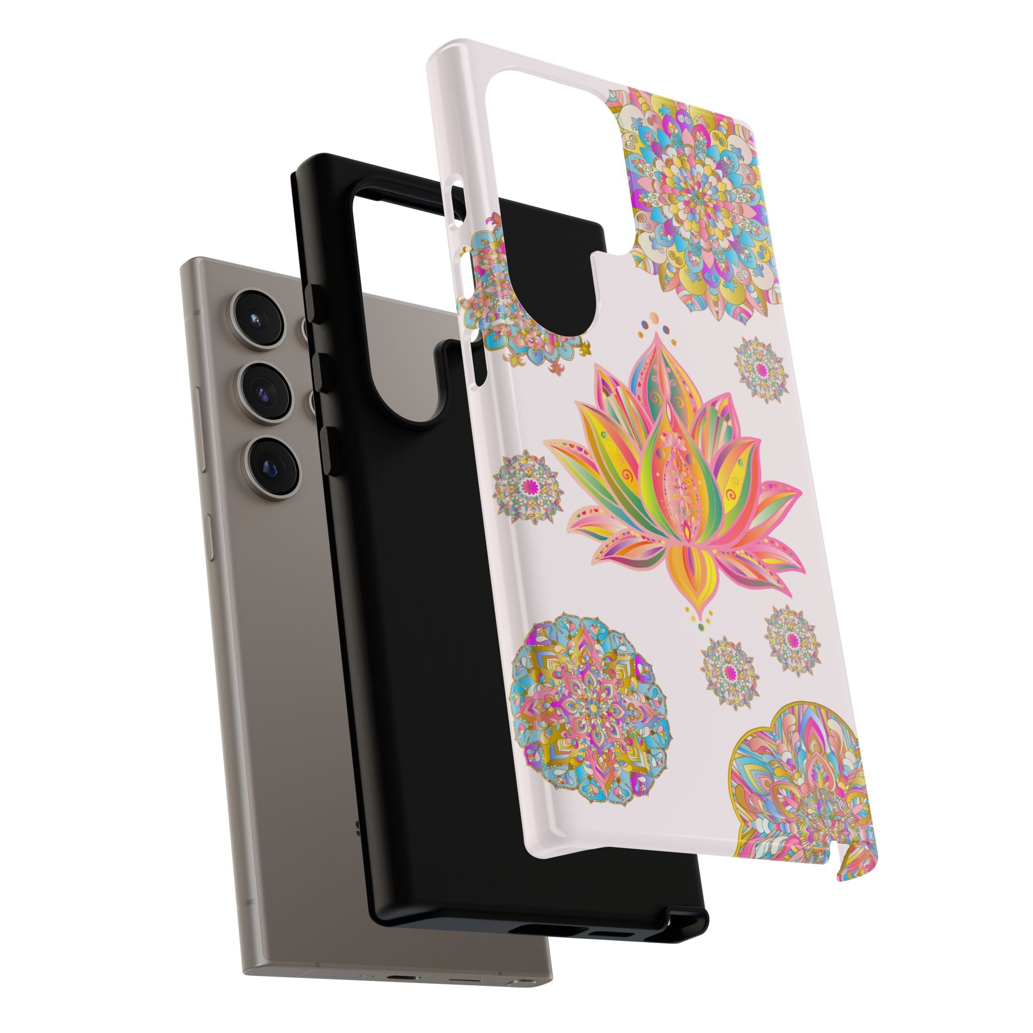 A light pink phone case with a mandala design featuring a beautiful lotus flower