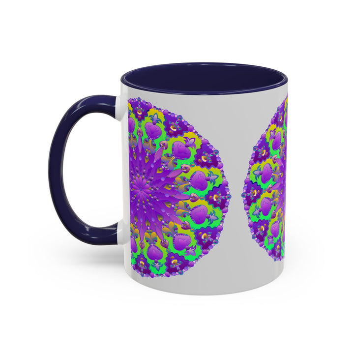 Beautiful purple mandala design mug with vibrant artwork on grey background