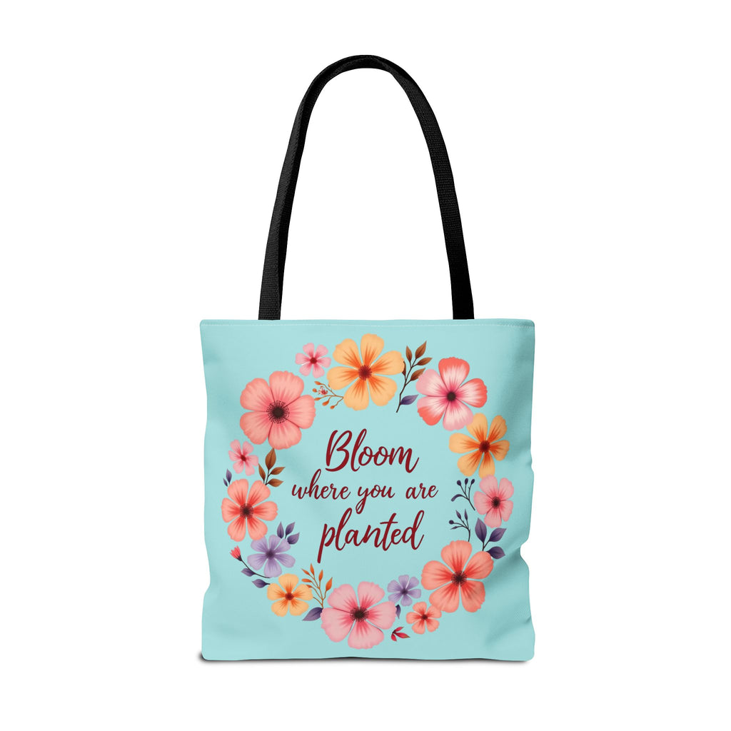 Beautiful floral tote bag with the inspiring quote 'Bloom Where You Are Planted', available in 3 different sizes