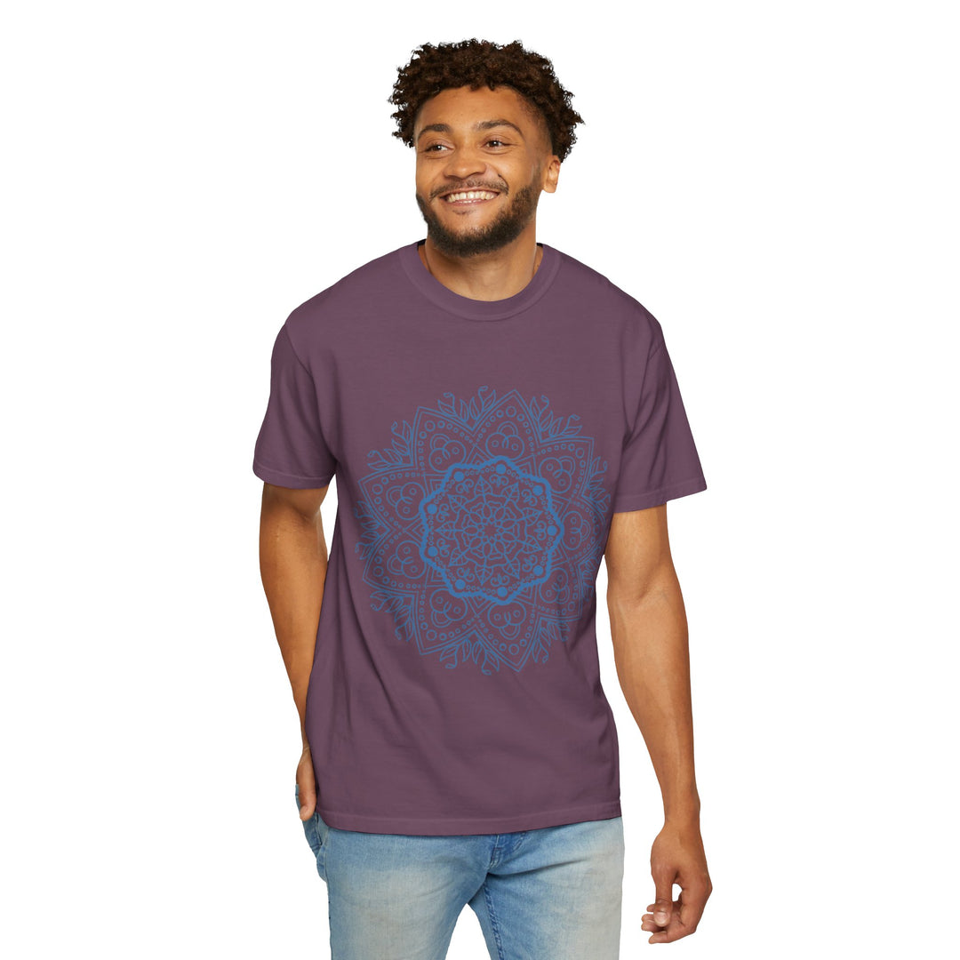 Colorful and intricate handmade mandala art design on unisex garment-dyed tshirt