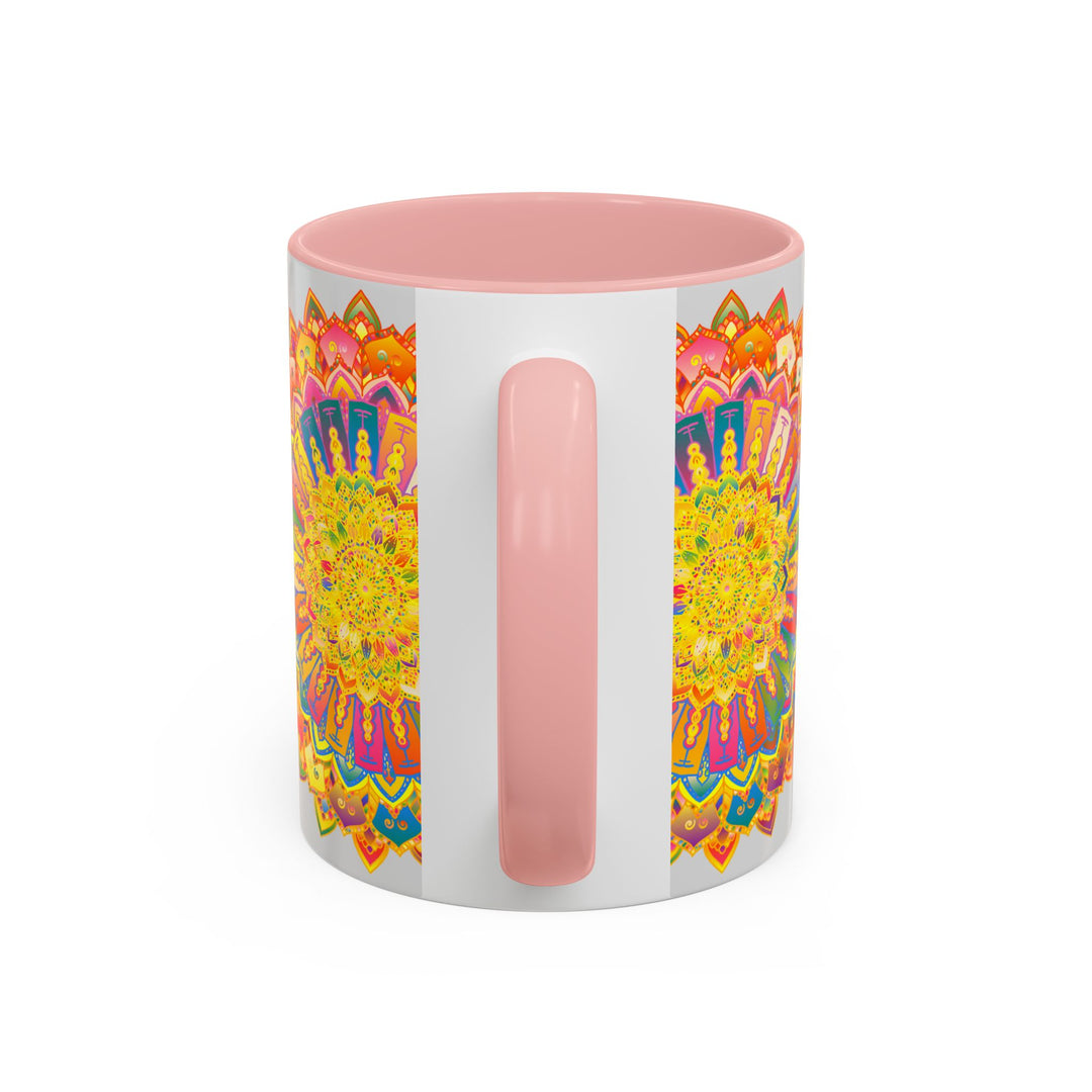 Stunning mandala design in vibrant colors on a grey mug