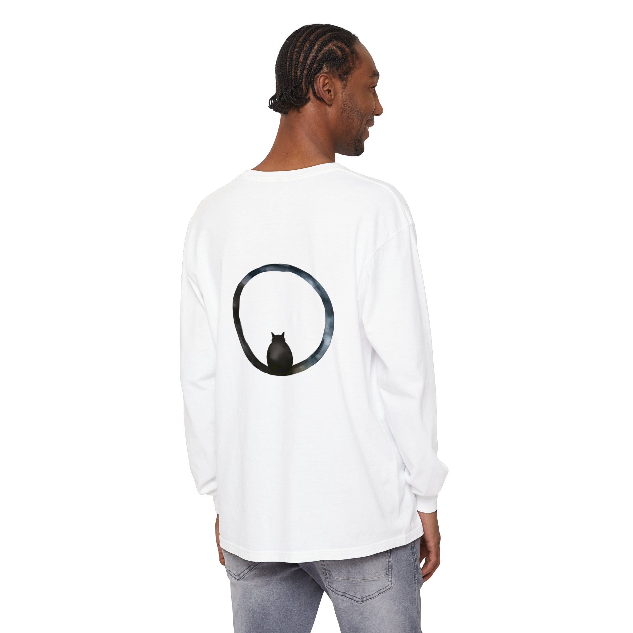 A close-up image of a mystical black and white unisex long sleeve T-shirt with a captivating sphere design