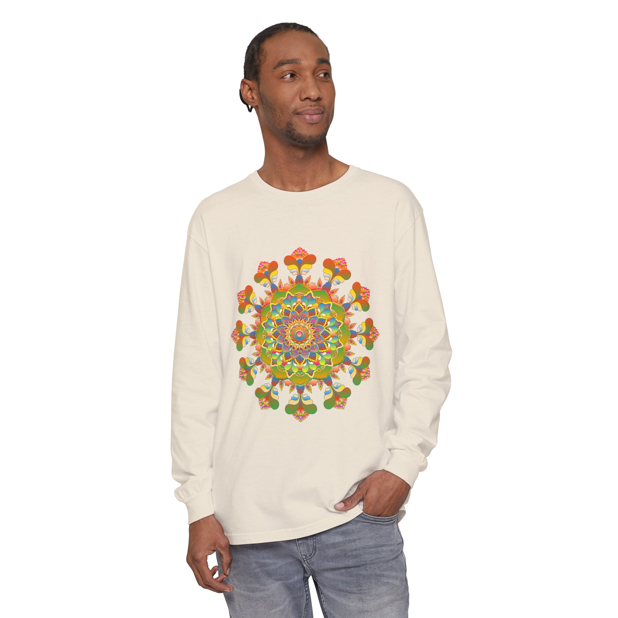 Colorful long sleeve T-shirt featuring a vibrant mandala design