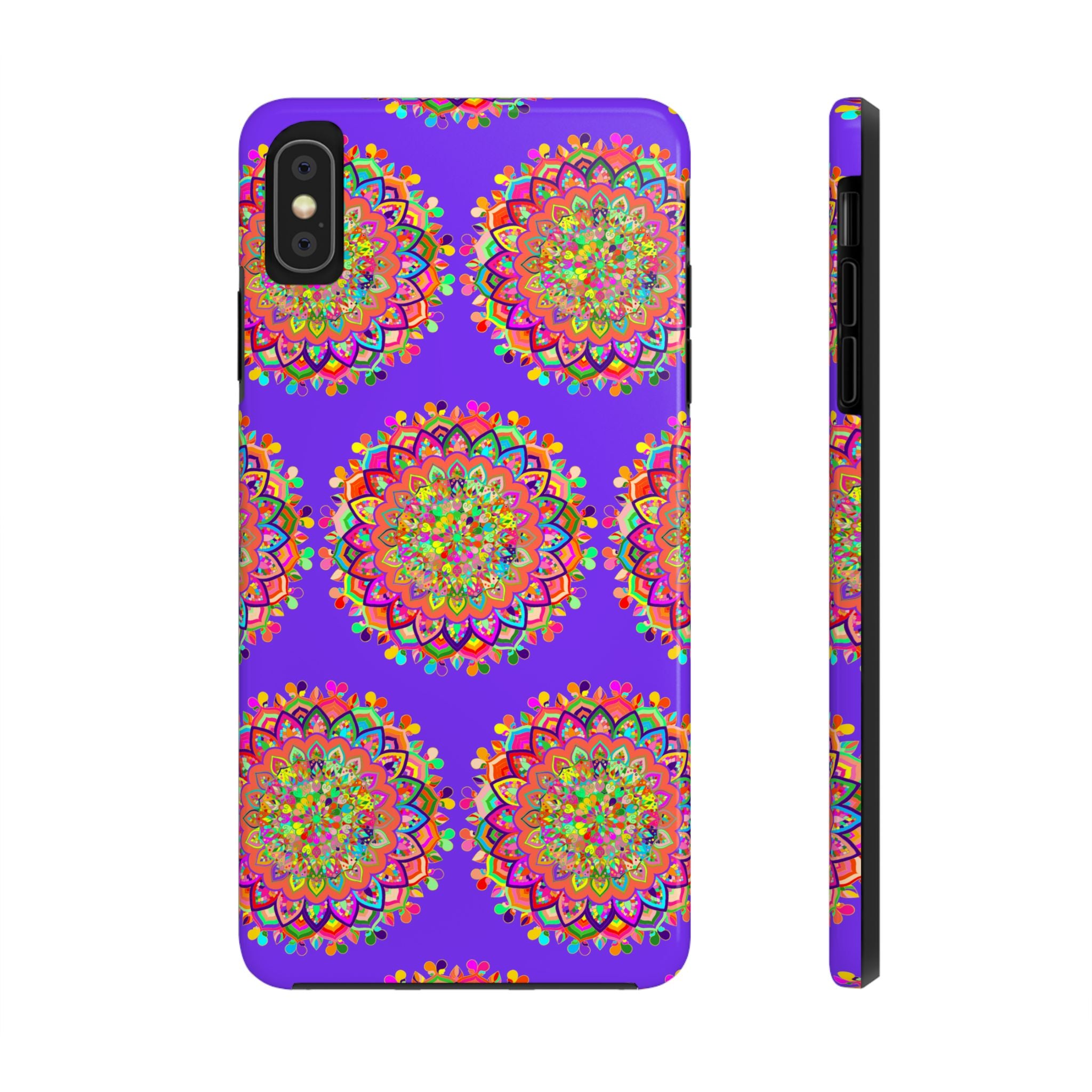 Hand drawn small purple mandala art phone case for iPhone X and XS, featuring intricate design and vibrant colors