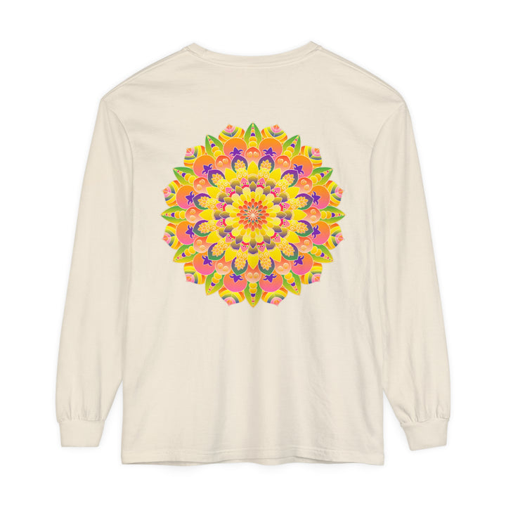 Colorful and intricate mandala design on a unisex long sleeve t-shirt