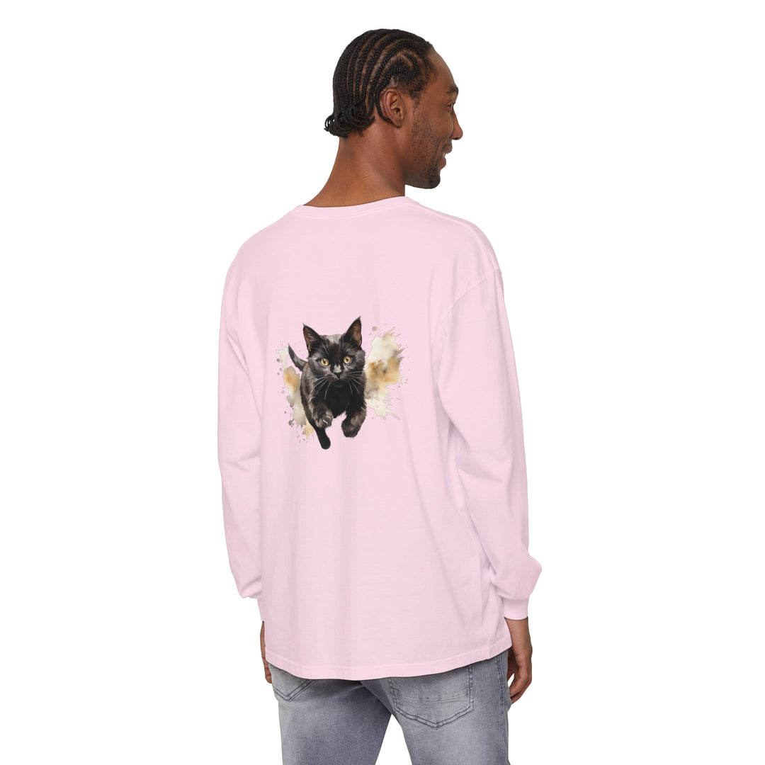 Black Cat Watercolor Sprint Unisex T-Shirt featuring a vibrant watercolor design of a black cat running, perfect for animal lovers and fans of unique, artistic apparel