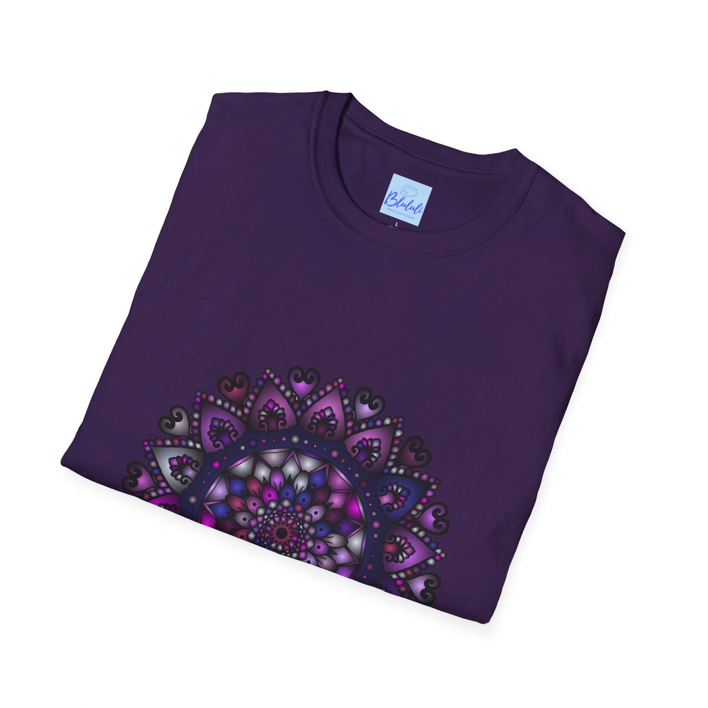 Vibrant purple mandala art hand-drawn design printed on soft unisex T-shirt