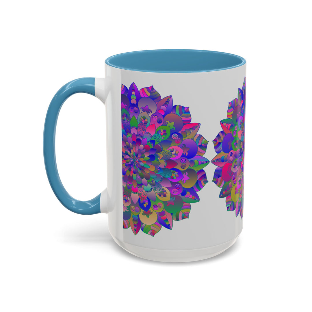 Whimsical and colorful mandala illustration on a large coffee mug