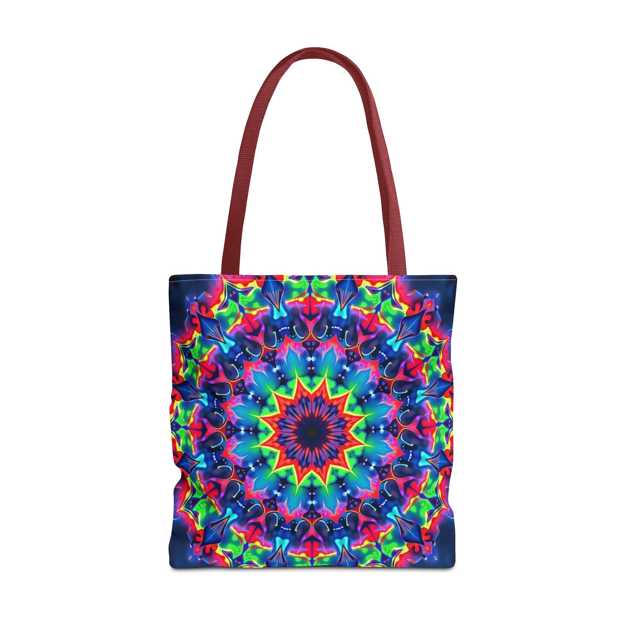 Colorful and intricate psychedelic mandala tote bag with vibrant and mesmerizing design