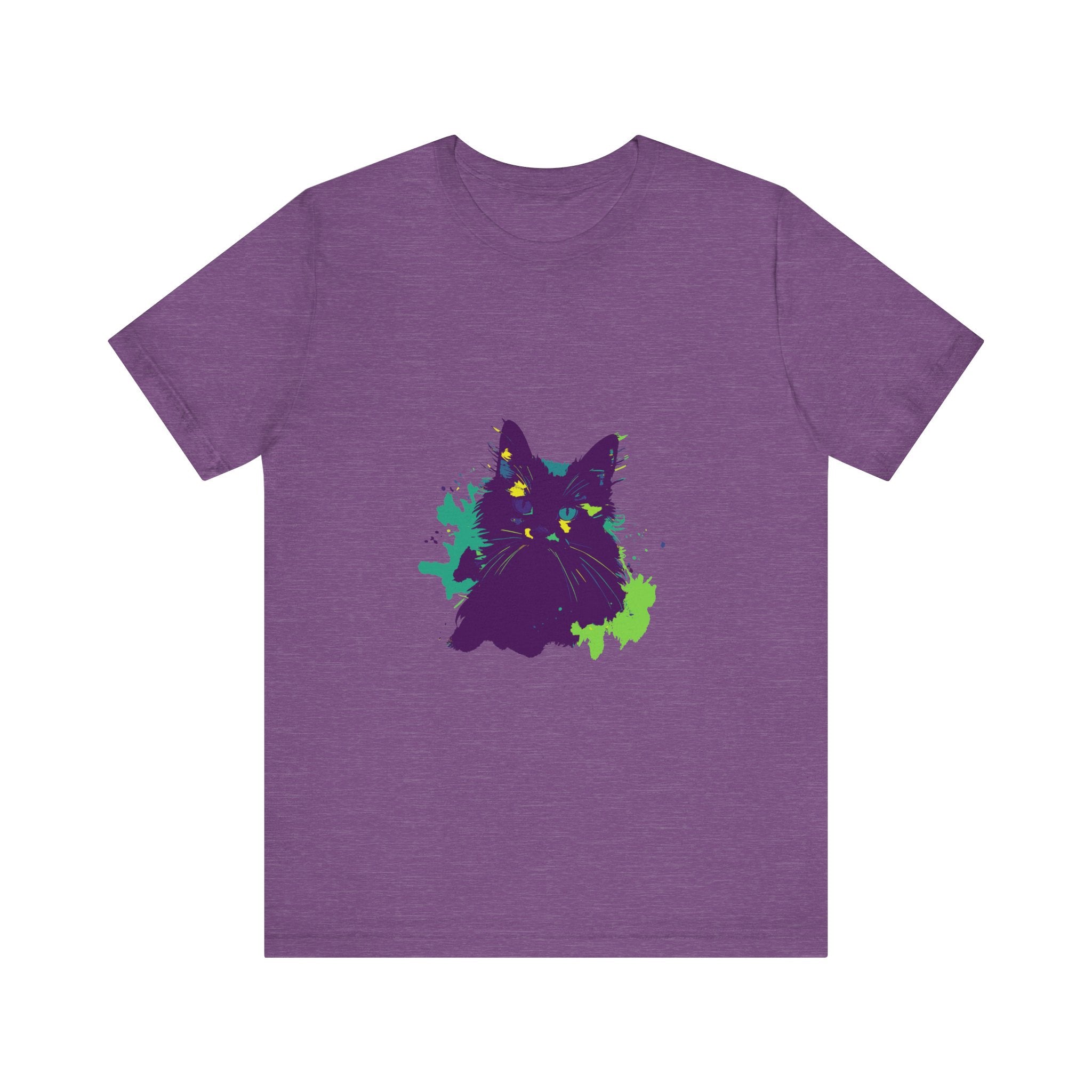 Vibrant purple cat mystery t-shirt featuring an abstract design for a unique and eye-catching look